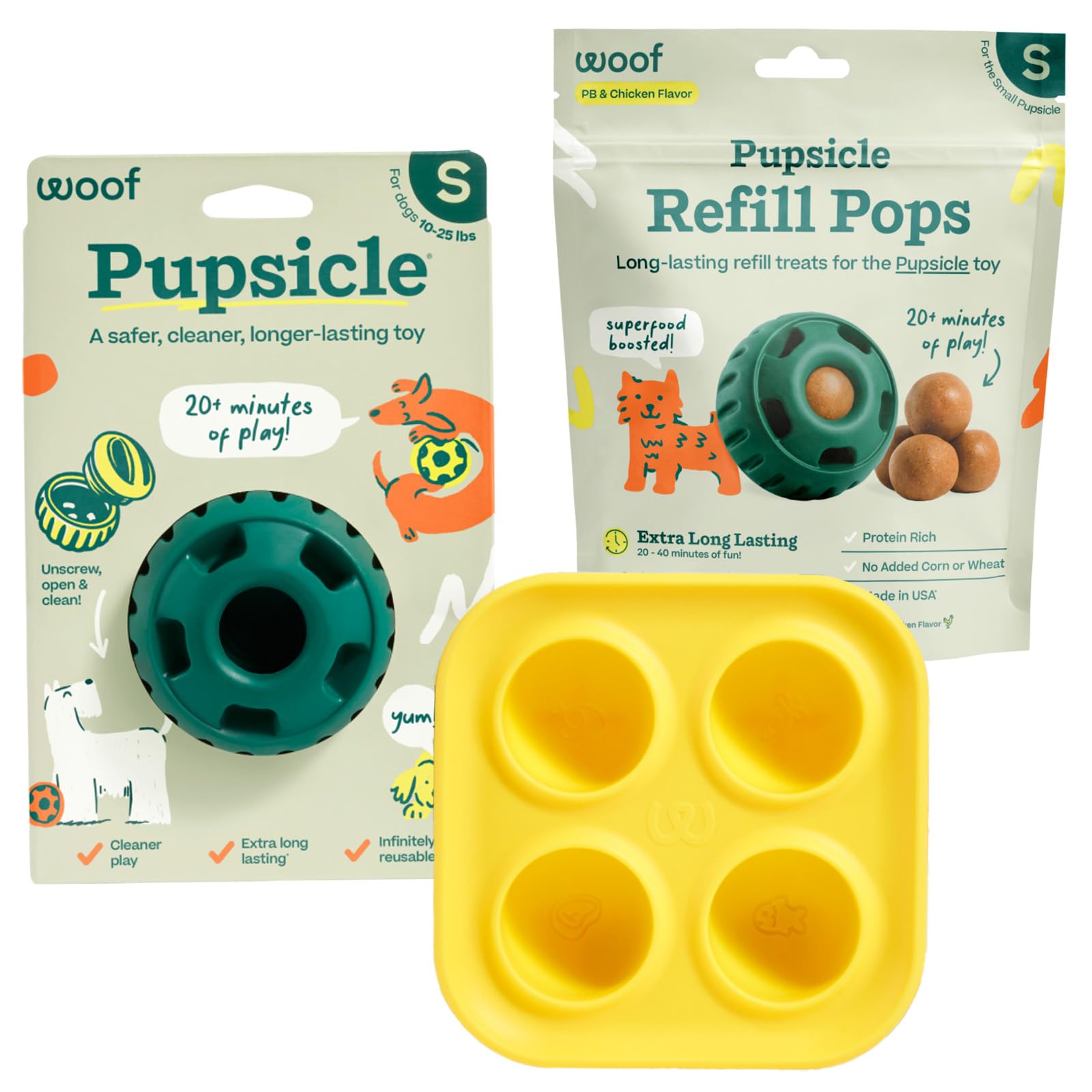 WOOF Starter Pack - Interactive Dog Ball Toy for Boredom - Dog Treat Molds Silicone - Chicken-Flavored Healthy Treats for Dogs - Pupsicle Doggy Enrichment Toy - for Small Pups - 10-25 lbs