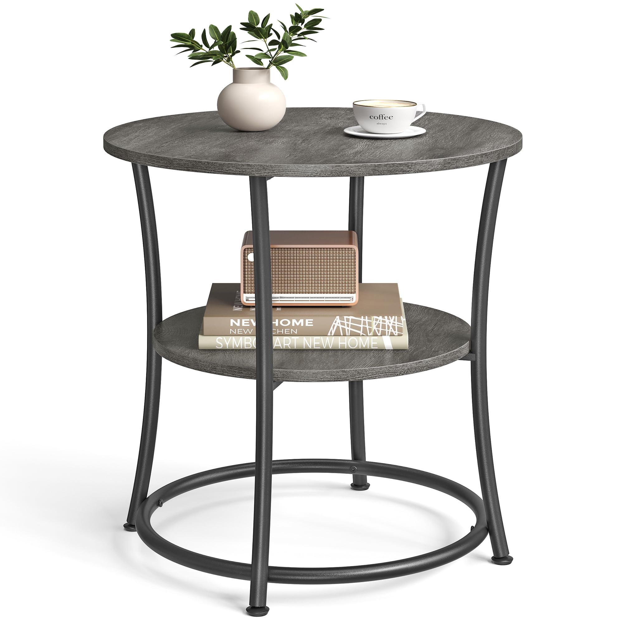 VASAGLE 21.7-Inch Round Side Table, 2-Tier End Table, Nightstand with Steel Frame, Spacious Top, for Small Spaces, Living Room, Bedroom, Rustic Brown and Ink Black ULET56BX