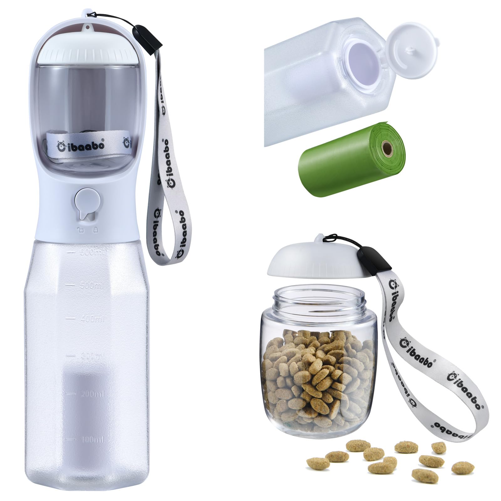 Cibaabo Dog Water Bottle with Food Container & Poop Bag Holder, Travel Water Bowl, Portable Pet Dispenser, Girl Dog Accessories Stuff Items Essentials Gift for Yorkie Chihuahua Walking Hiking