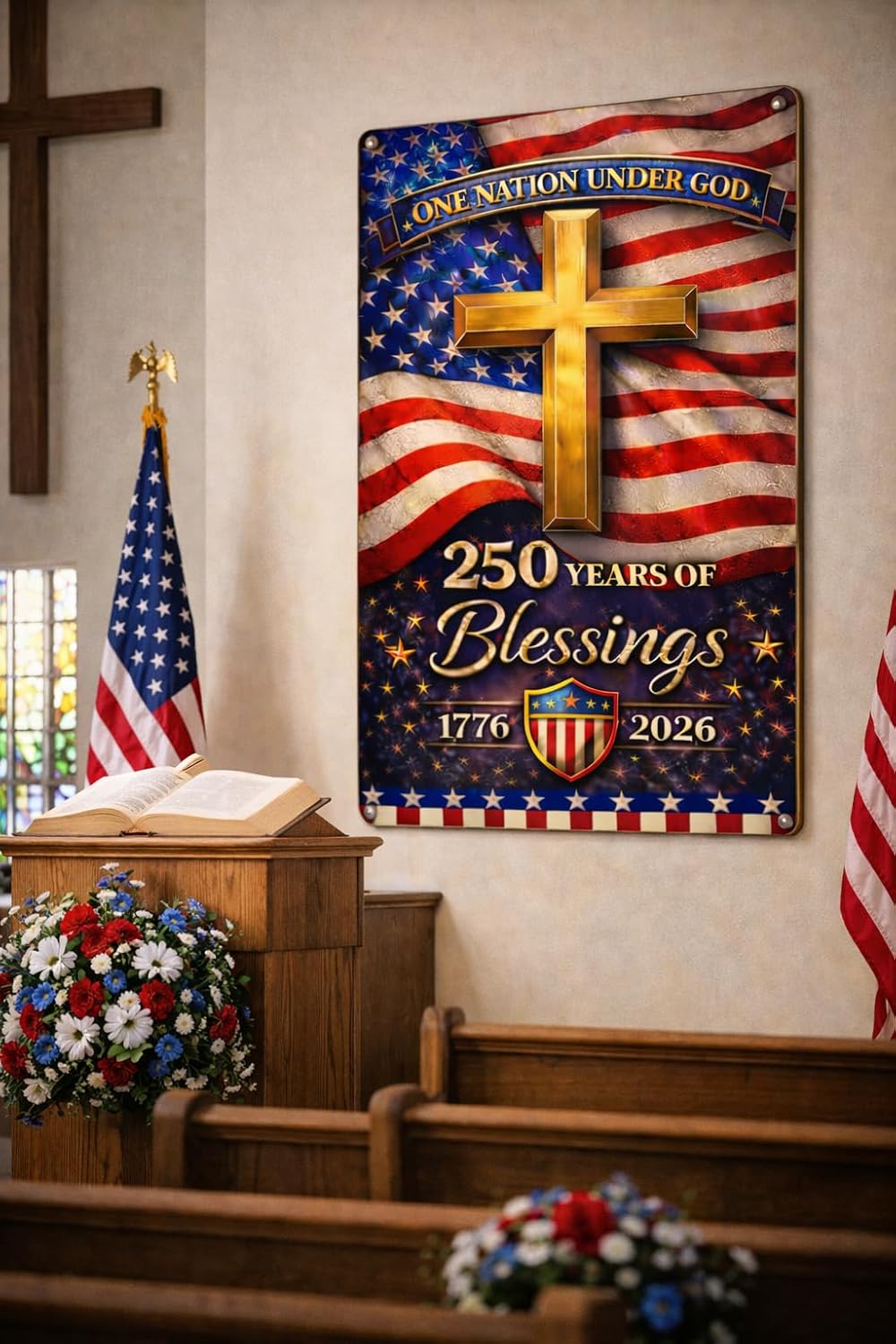 America 250th Anniversary Tin Sign, 4th of July Patriotic Decor,250 Years of Blessings Vintage Metal Sign Patriotic Cross Design, 1776–2026 Commemorative Wall Decoration for Home, Bedroom, Patio, Yard, 8 x 12 Inch