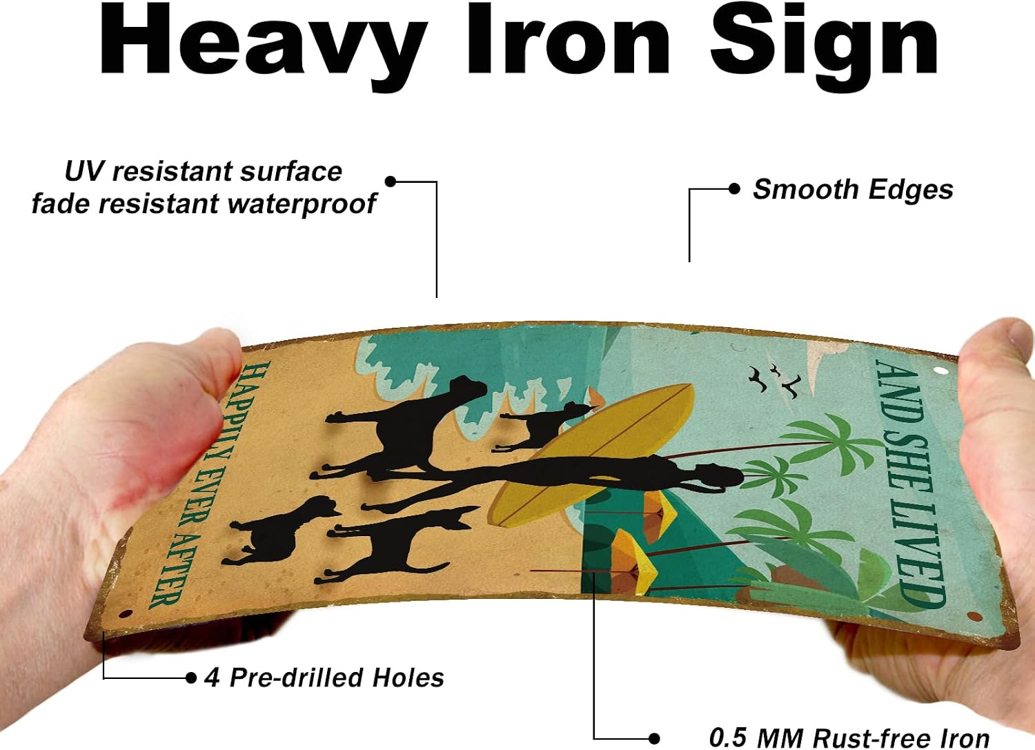 SUPERDANT Surfing Girl Tin Signs Summer Cottage Metal Sign Poster And She Lived Happily Ever After Vintage Wall Art Plaque for Beach Café Cabin Patio Pool Living Room Bedroom Decoration