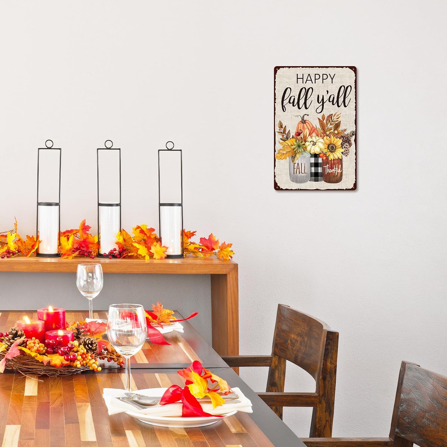 Whaline Fall Retro Tin Sign Autumn Thanksgiving Mason Jar Metal Sign Pumpkin Leaves Floral Flower Wall Art Welcome Holiday Decor Iron Plaque Signs for Club Bar Garage Wall Decor, 12 x 8 Inch