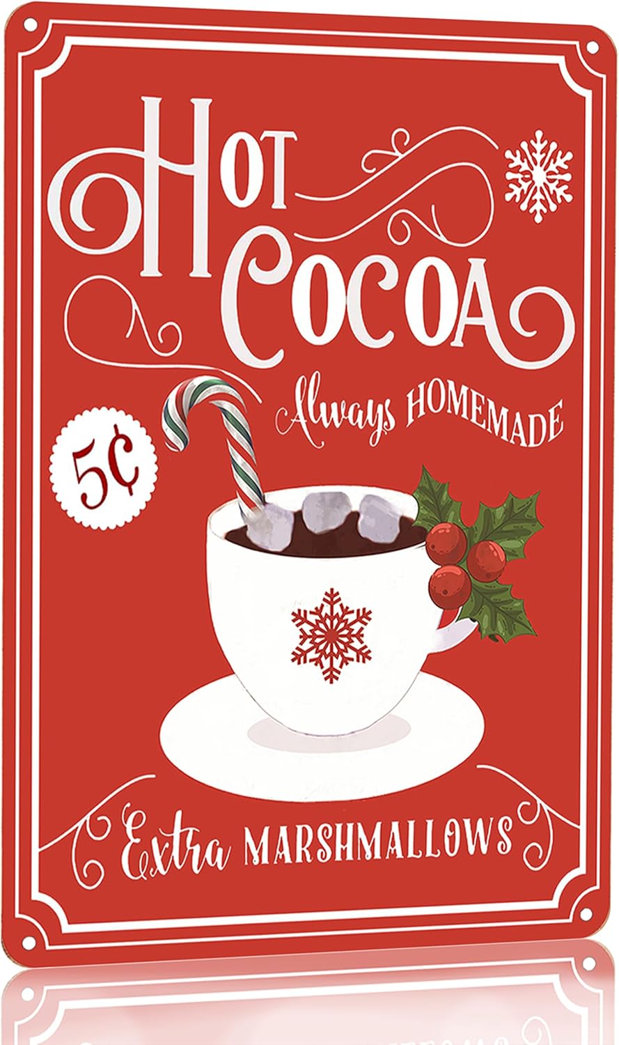 Joyline Vintage Christmas Decor Gifts Rustic Hot Cocoa Always Homemade Extra Marshmallows Tin Sign for Home Farmhouse Kicthen Cafe Bar Wall Decor 8 x 12 inches (3234)