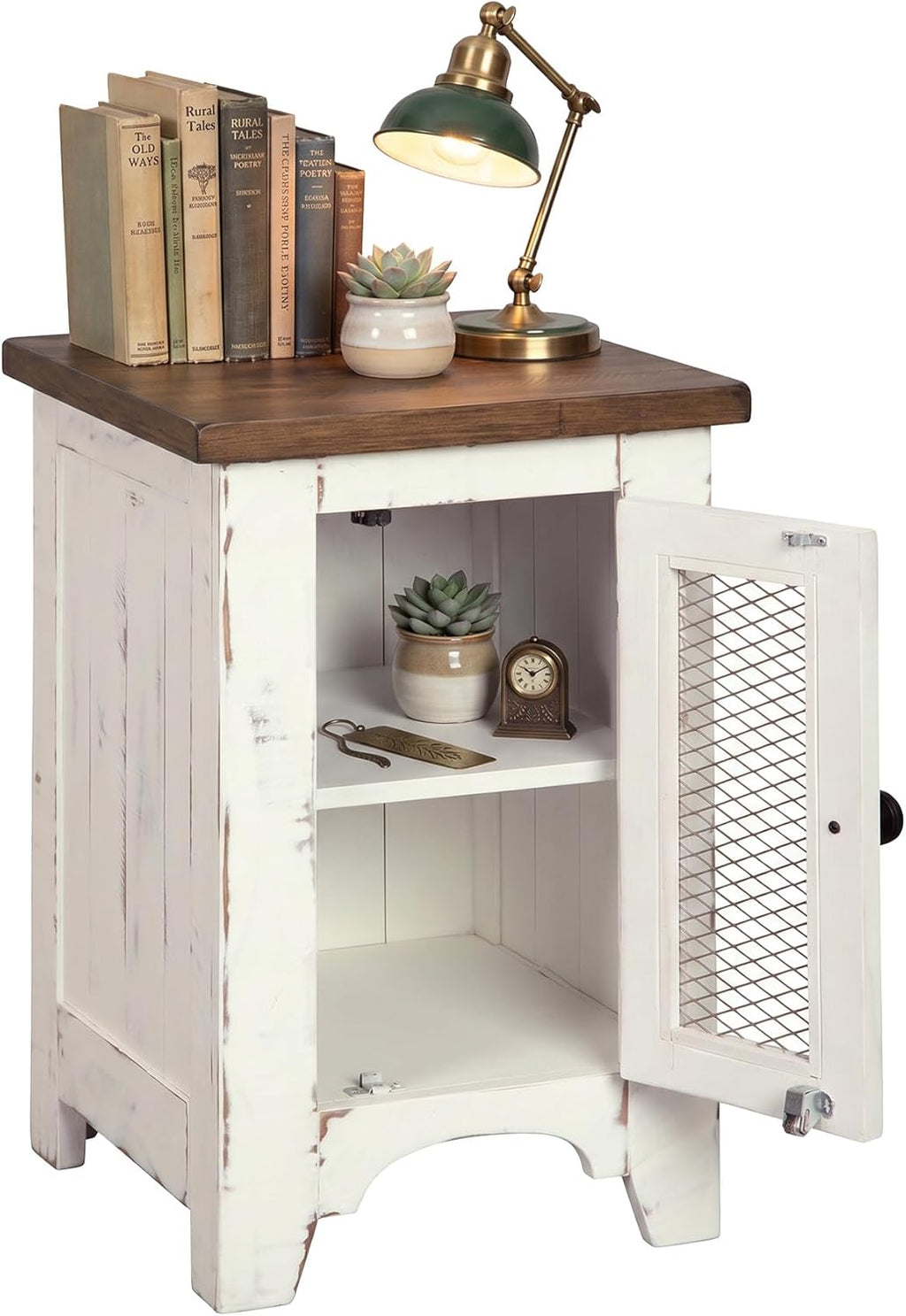 Signature Design by Ashley Wystfield Farmhouse Chair Side End Table with Cabinet Door for Storage, White & Brown with Distressed Finish