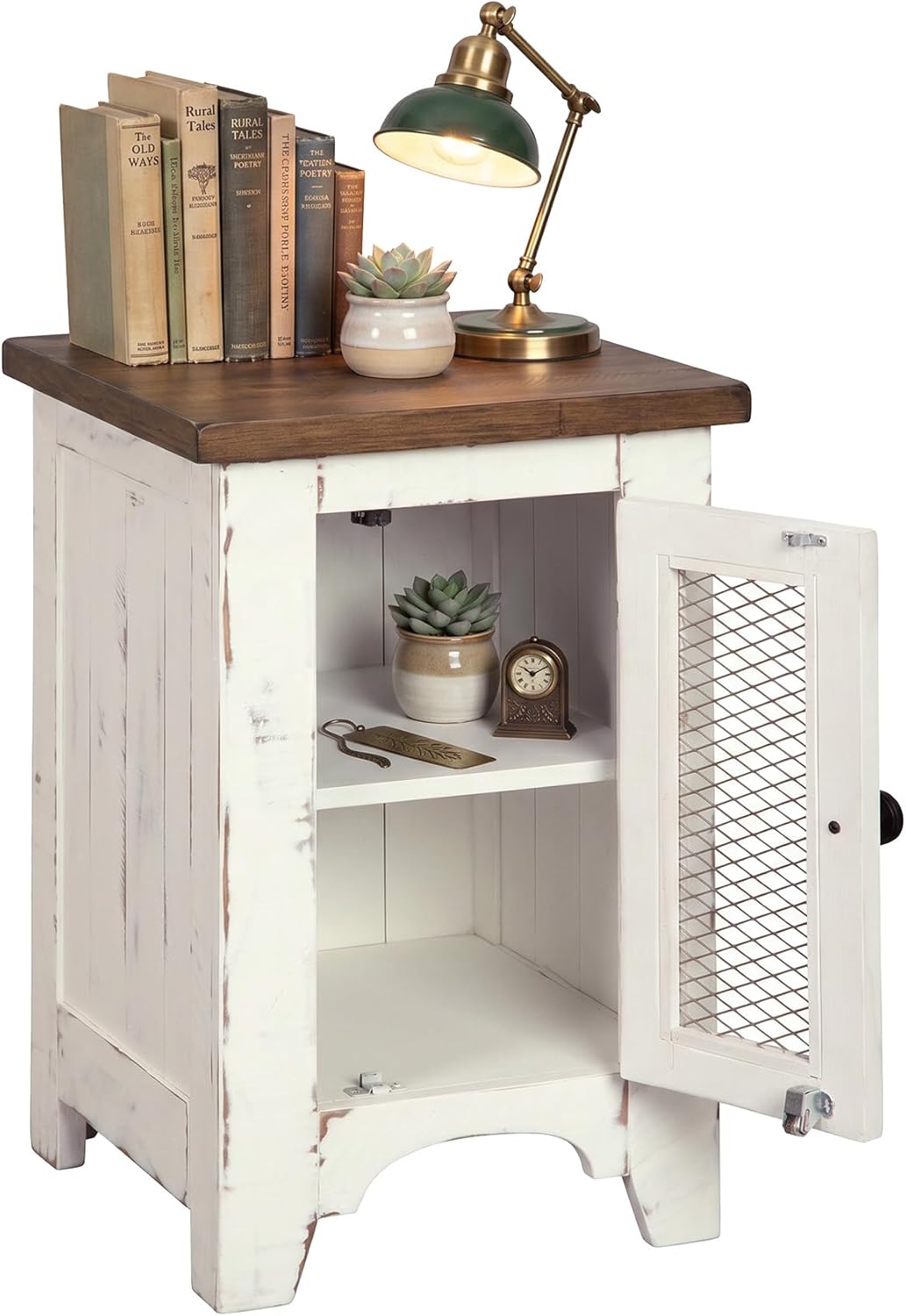 Signature Design by Ashley Wystfield Farmhouse Chair Side End Table with Cabinet Door for Storage, White & Brown with Distressed Finish