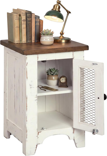 Signature Design by Ashley Wystfield Farmhouse Chair Side End Table with Cabinet Door for Storage, White & Brown with Distressed Finish