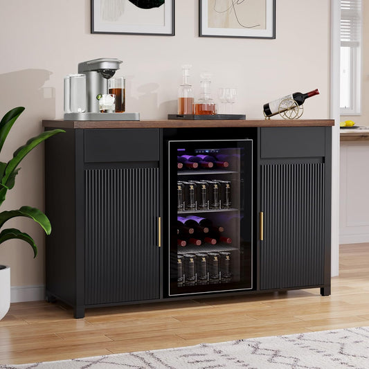 GDLF Large Coffee Bar Cabinet with Fridge Space, Mini Fridge Cabinet with Wine Storage, Buffet Sideboard Table for Home, Fluted Modern Design,53.2" L