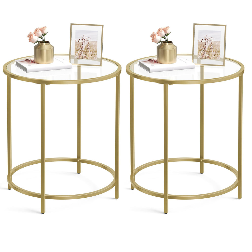 VASAGLE Round Side Table, Glass End Table with Metal Frame, Gold Coffee Table with Modern Style, for Living Room, Balcony, Bedroom, Gold Color