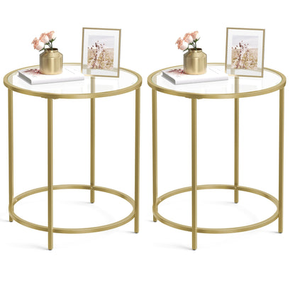 VASAGLE Round Side Table, Glass End Table with Metal Frame, Gold Coffee Table with Modern Style, for Living Room, Balcony, Bedroom, Gold Color