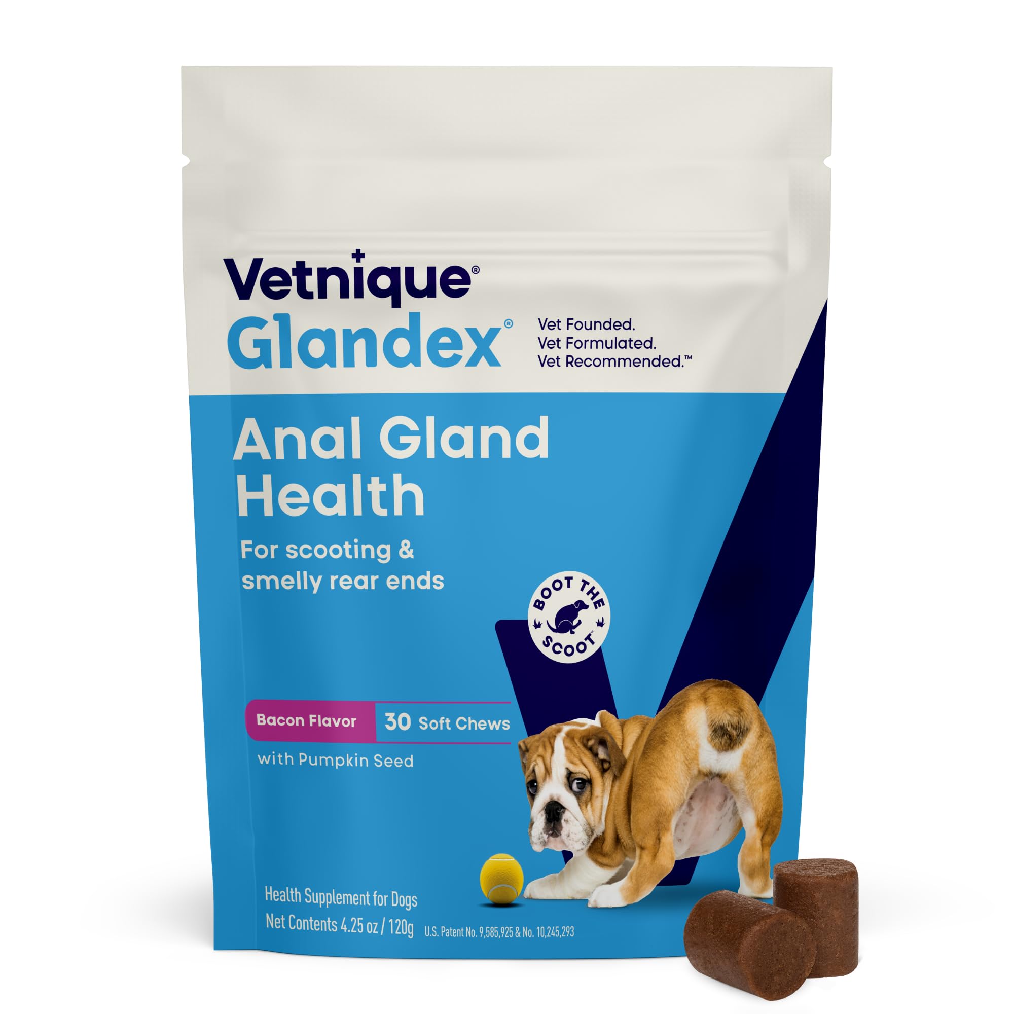 Vetnique Glandex Anal Gland Soft Chew Treats with Pumpkin for Dogs Digestive Enzymes, Probiotics Fiber Supplement for Dogs Boot The Scoot (Advanced Strength Duck/Bacon, 60 Ct)