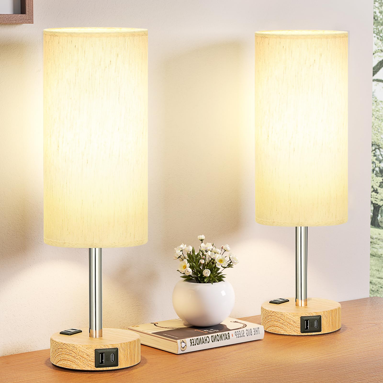 Fenmzee Bedside Table Lamp for Bedroom - 3 Way Dimmable Touch Lamp USB C Charging Ports and AC Outlet, Small Lamp Wood Base Round Flaxen Fabric Shade for Living Room, Desk, LED Bulb Included