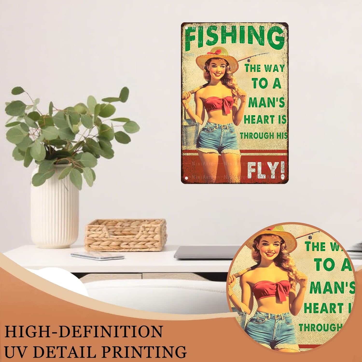 Pin Up Girl Fishing Metal Tin Sign The Way to A Man's Heart Through His Fly Vintage Sign for Wall Art Decor for Home Angler Wall Decor Cafes Lake House Seascape Decor 8X12Inch