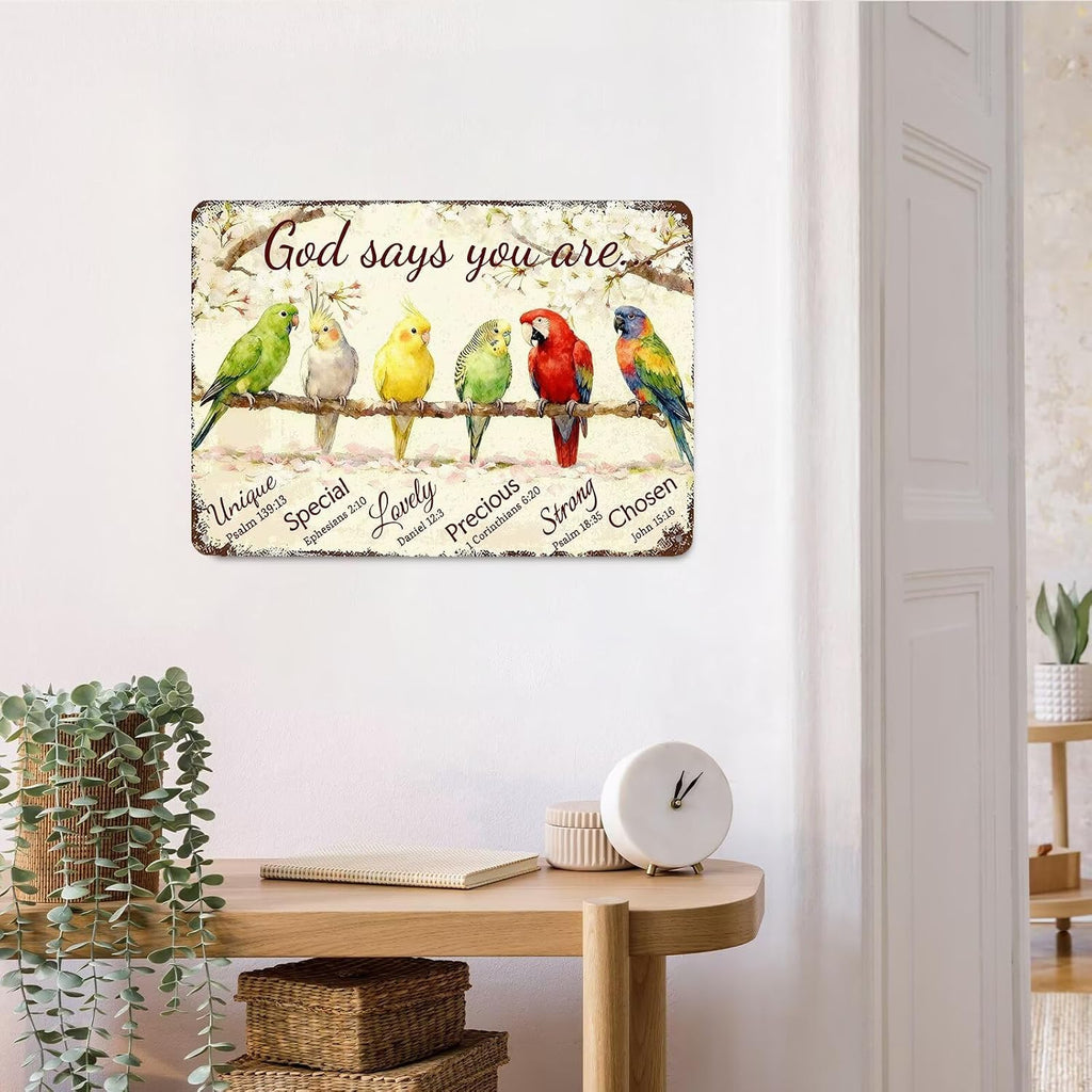 Inspirational Bible Verse Sign God Says You Are Metal Tin Signs Bird Print Christian Gift Quotes Poster for Church Prayer Room Office Decor 8x12 Inch