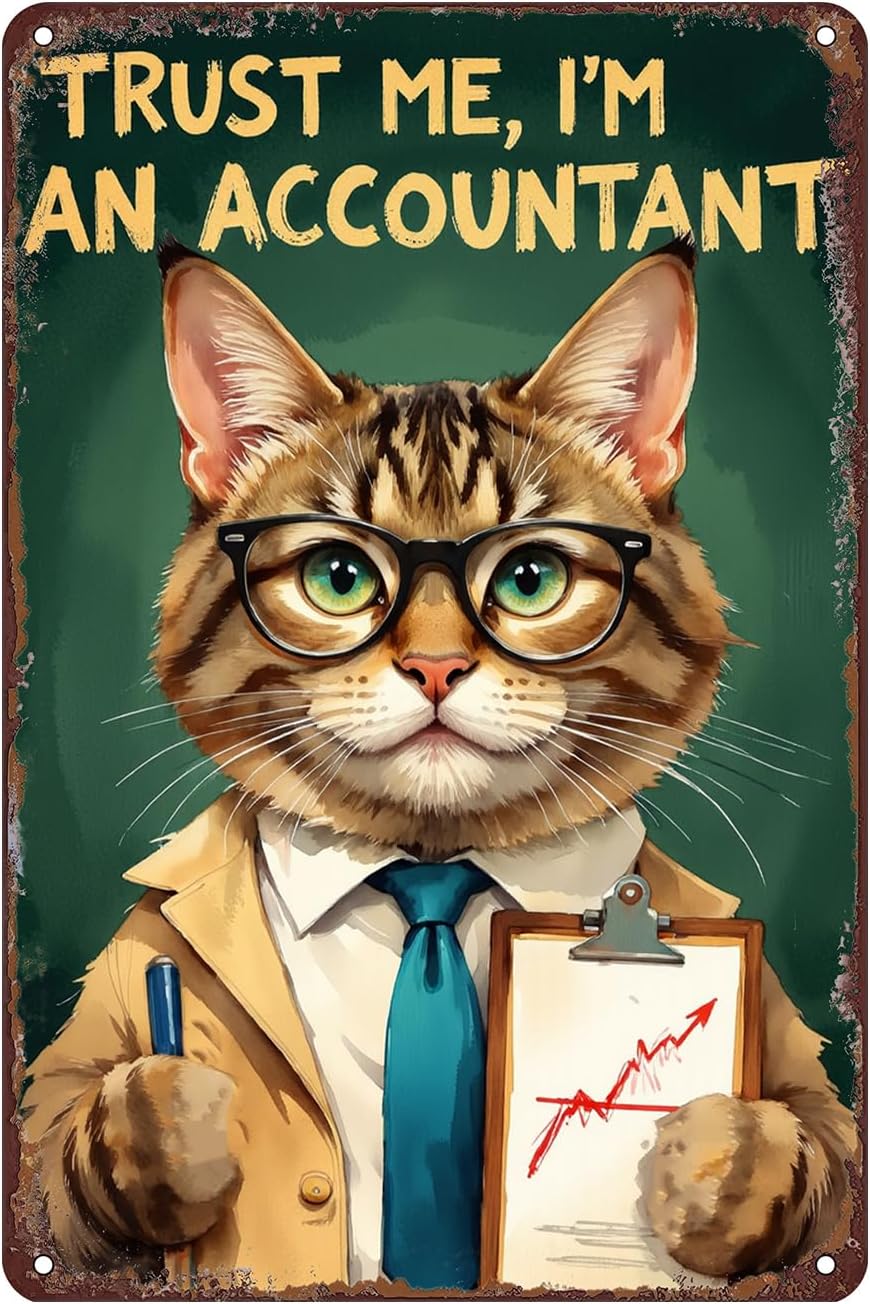 Funny Accountant Cat Tin Sign Wall Decor - 12x8 Inch Metal Vintage Humor Wall Art for Office, Study Room, Workspace, Finance Lovers Gift for Accountants