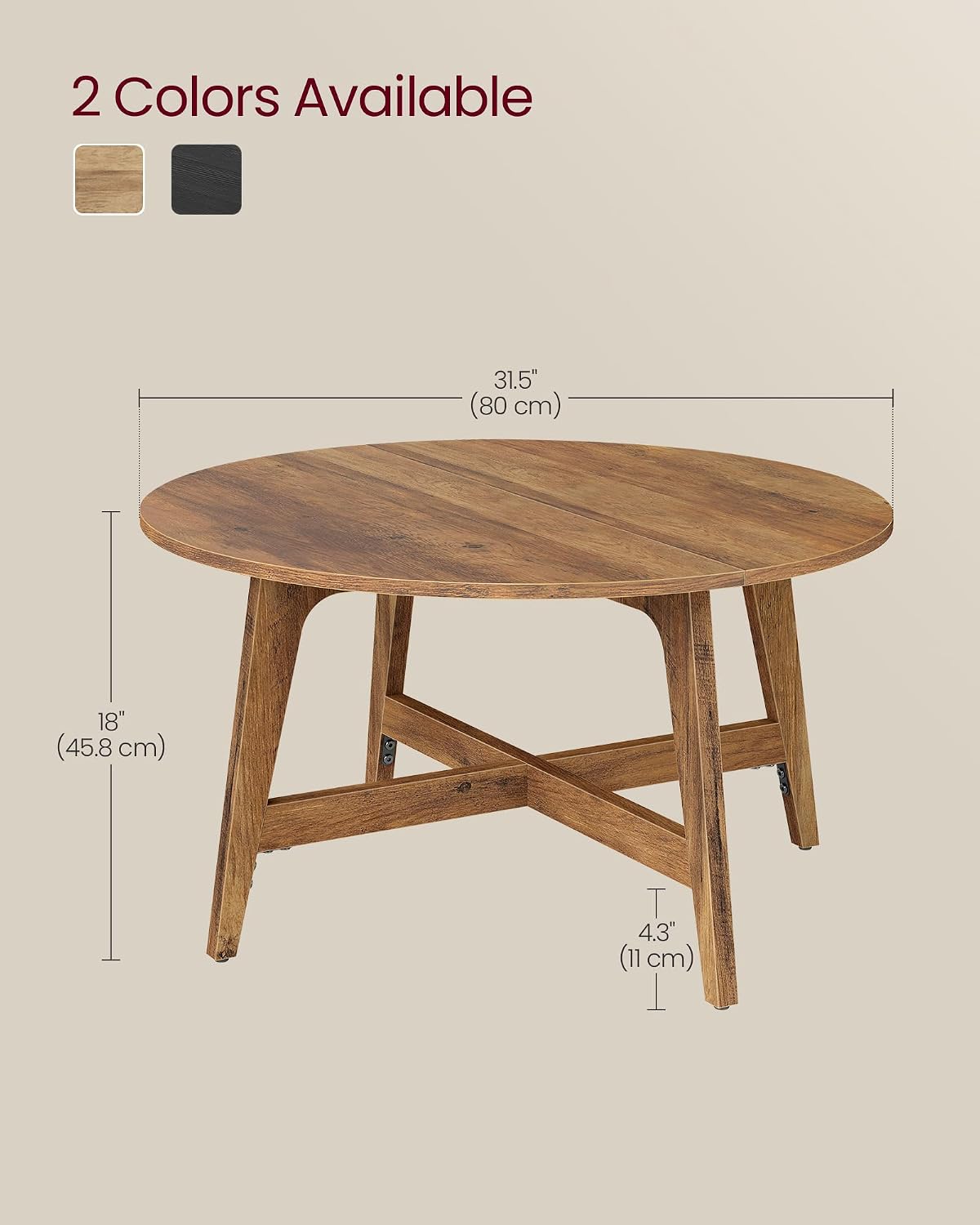 VASAGLE MAEZO Collection - Round Coffee Table, 31.5-Inch Center Table, Tapered Legs, Curved Transitions, Easy to Assemble, for Living Room, Honey Brown ULCT251KB01S