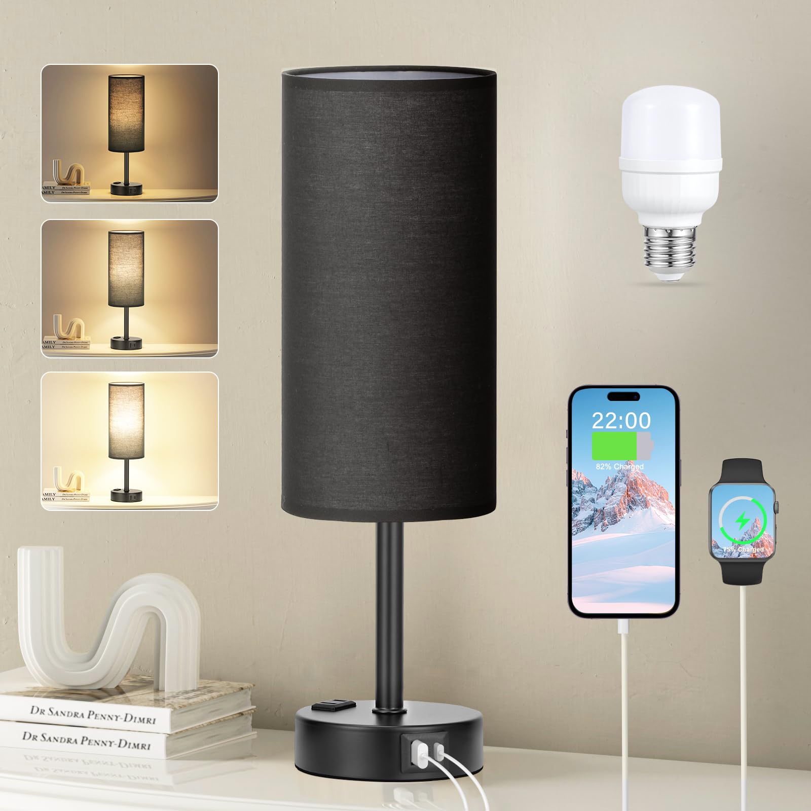 Fenmzee Bedside Table Lamp for Bedroom - 3 Way Dimmable Touch Lamp USB C Charging Ports and AC Outlet, Small Lamp Wood Base Round Flaxen Fabric Shade for Living Room, Desk, LED Bulb Included