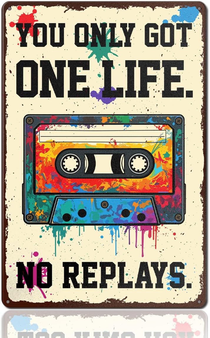 Music Room Wall Decor You Only Got One Life No Replays Vintage Metal Tin Sign for Man Cave Boys Room Bedroom Studio, Music Lovers Gifts 8x12 Inch