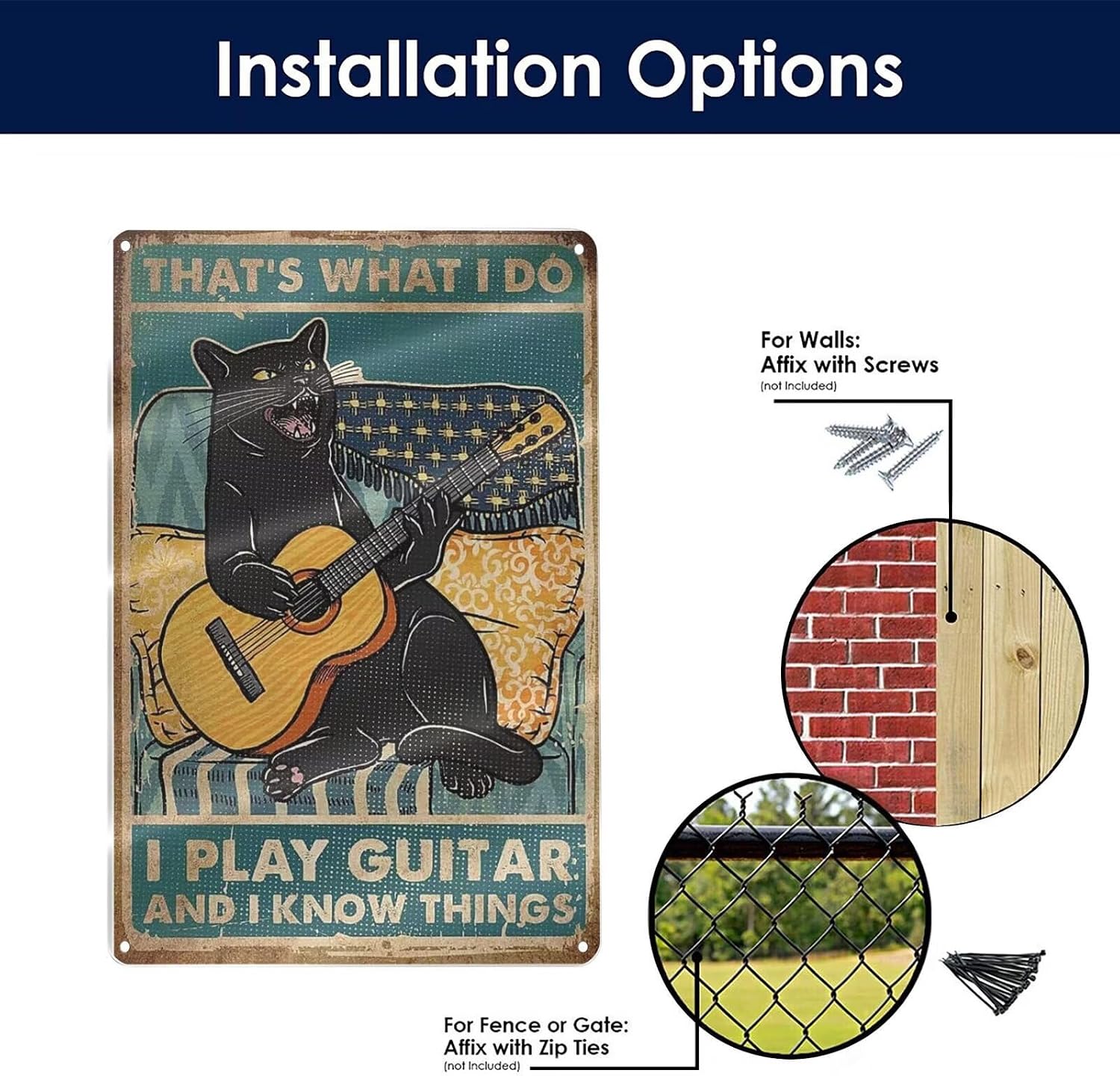 Black Cat That's What I Do I Play Guitar and I Know Things Metal Tin Sign Wall Art Deco Living Room, Cafe, Bar, Club, Garage Home Decoration Gift 8 X 12 Inches