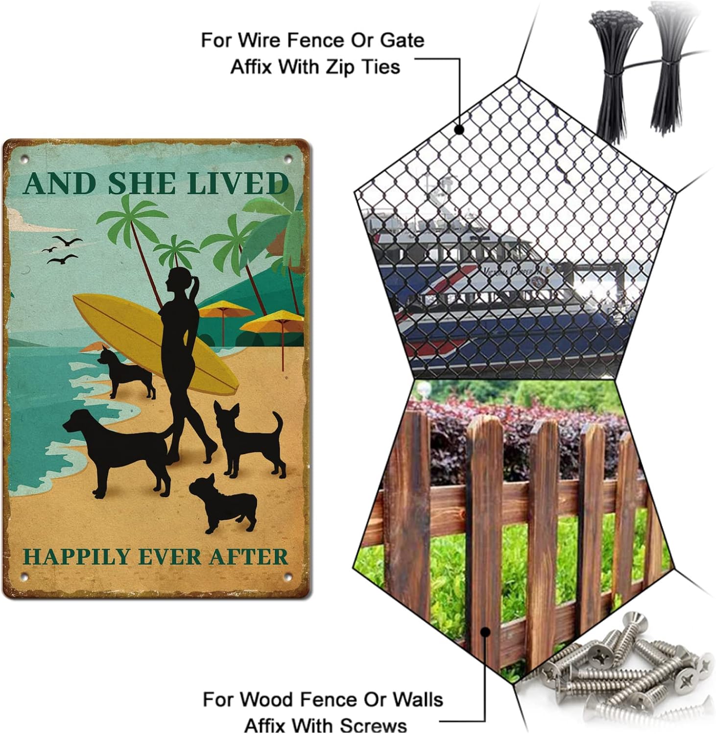 SUPERDANT Surfing Girl Tin Signs Summer Cottage Metal Sign Poster And She Lived Happily Ever After Vintage Wall Art Plaque for Beach Café Cabin Patio Pool Living Room Bedroom Decoration