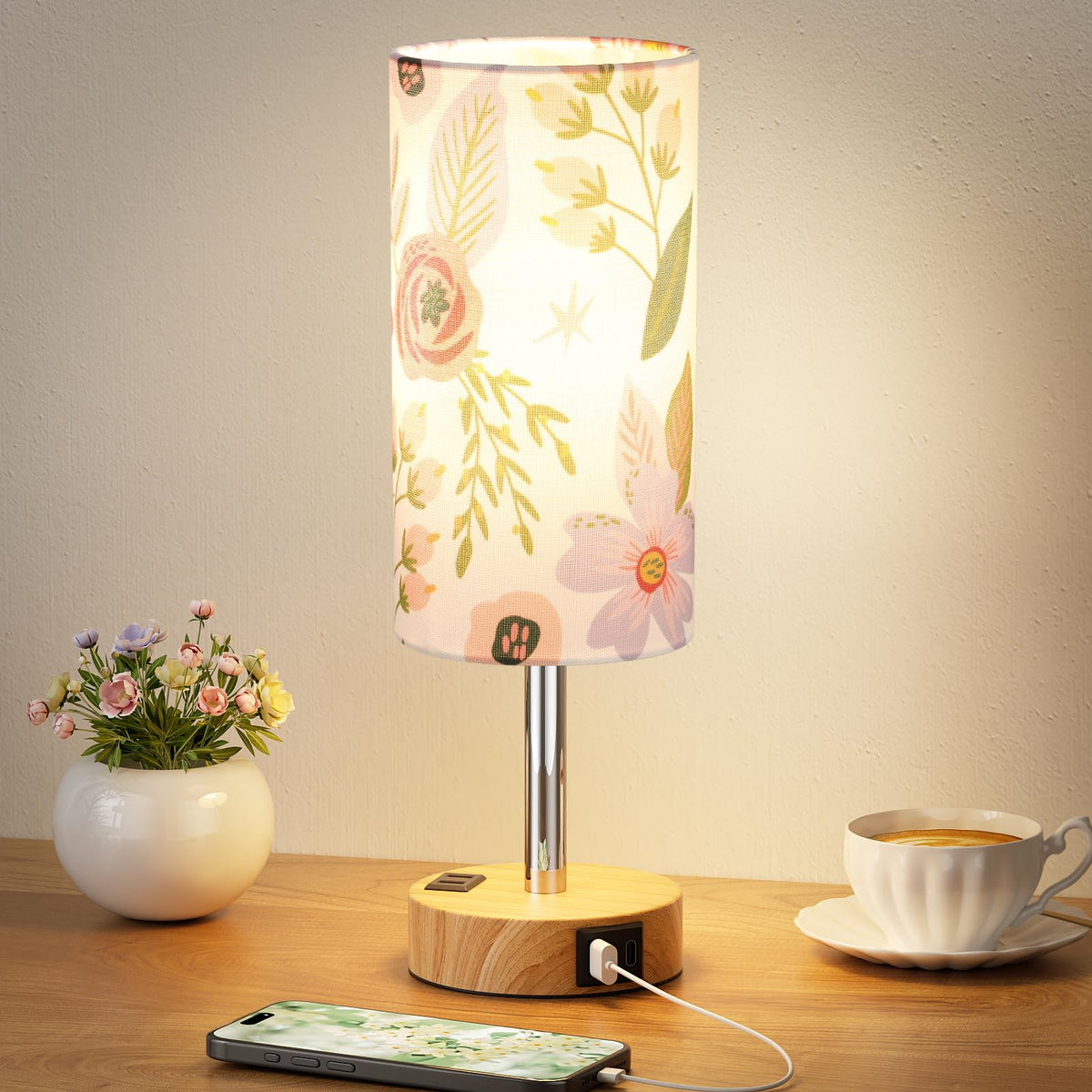 Fenmzee Bedside Table Lamp for Bedroom - 3 Way Dimmable Touch Lamp USB C Charging Ports and AC Outlet, Small Lamp Wood Base Round Flaxen Fabric Shade for Living Room, Desk, LED Bulb Included