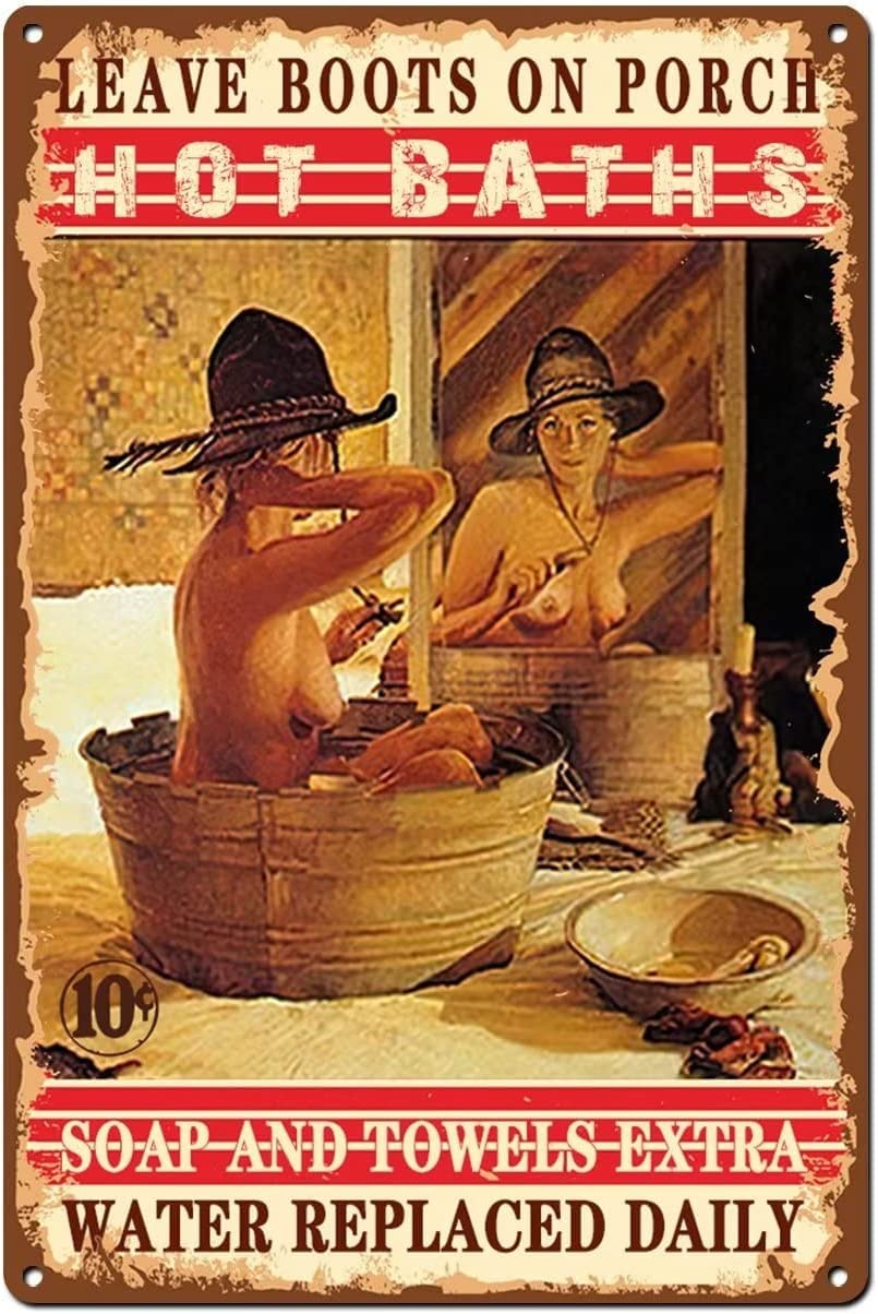 Metal Wall Decor Hot Baths Country Western Old West Cowgirl Girl Sexy Girl Metal Tin Sign Vintage Decoration Garage Home Garden Cafes Kitchen Wall Antique Tin Signs 8x12 Inch