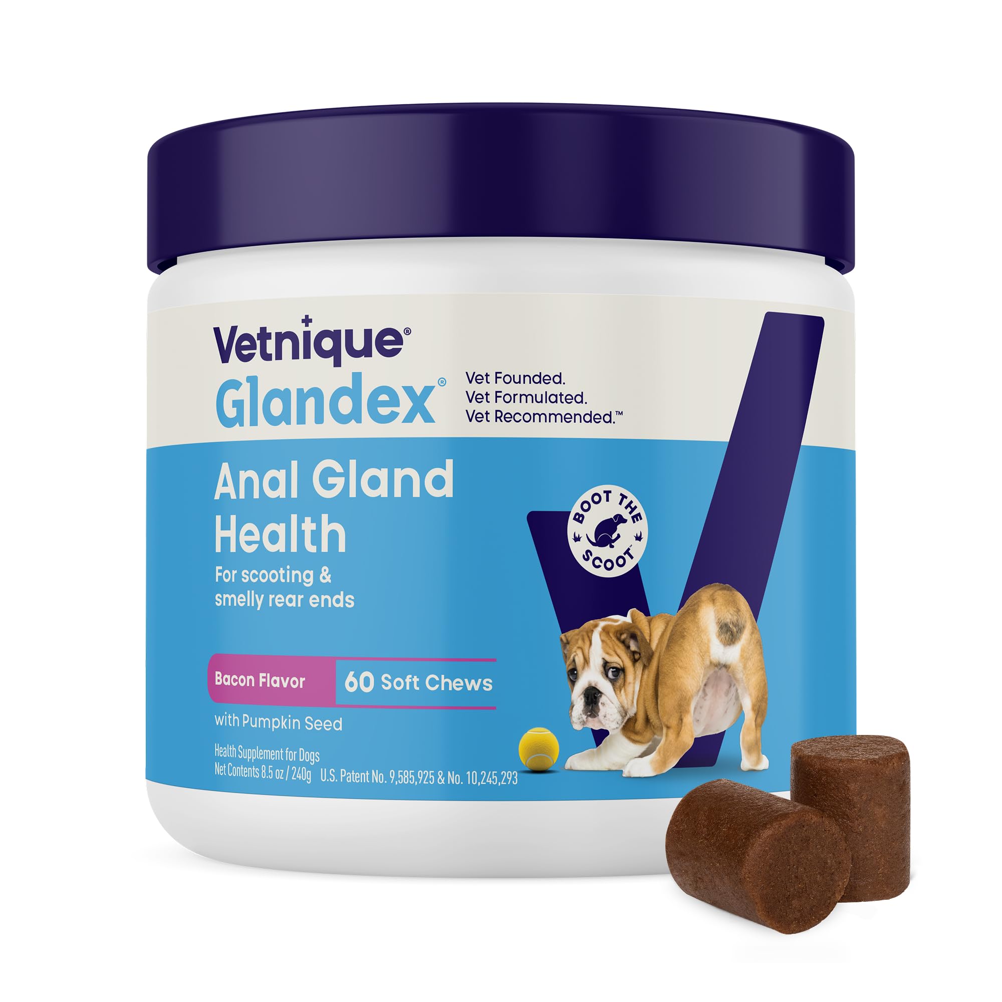 Vetnique Glandex Anal Gland Soft Chew Treats with Pumpkin for Dogs Digestive Enzymes, Probiotics Fiber Supplement for Dogs Boot The Scoot (Advanced Strength Duck/Bacon, 60 Ct)