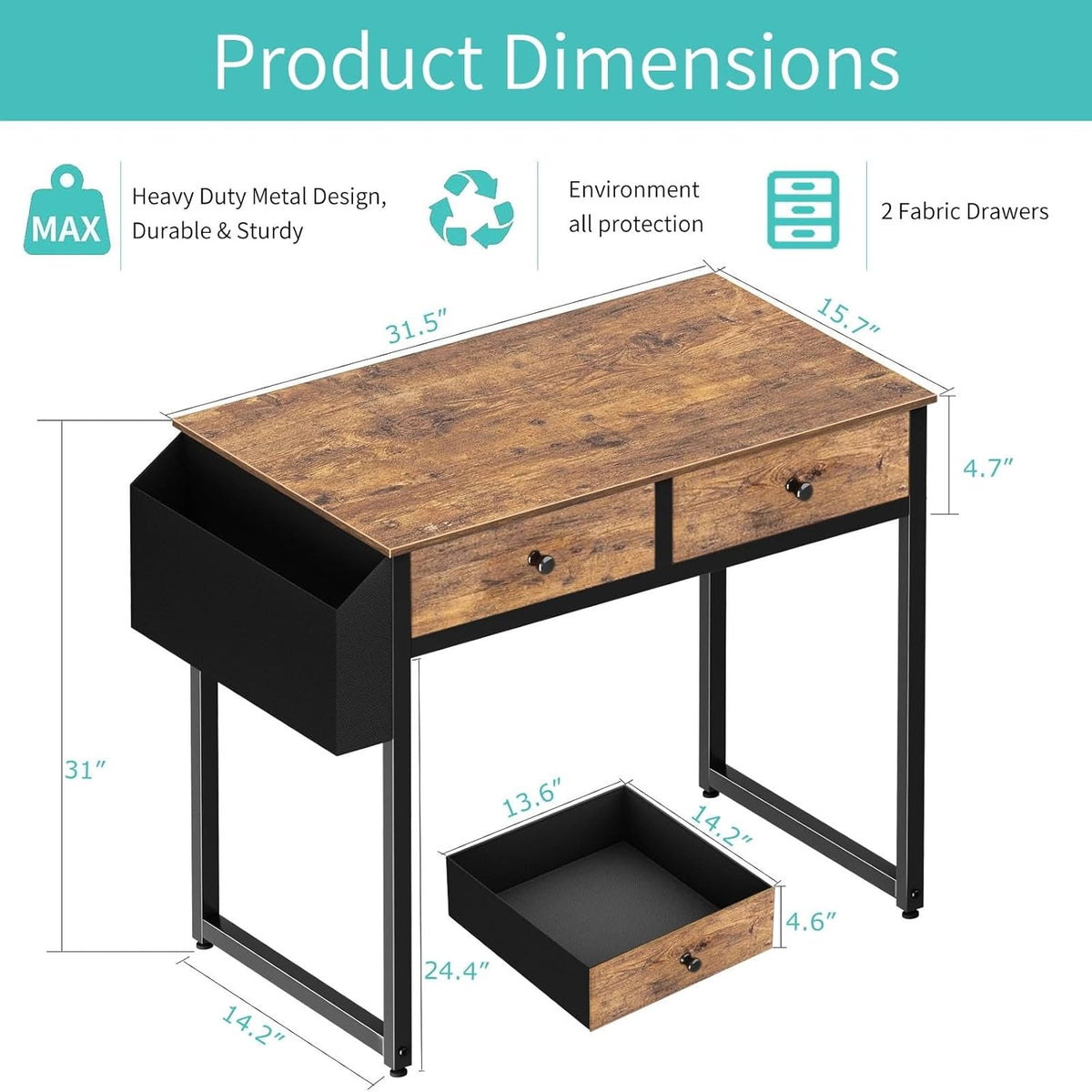 Lufeiya Small Computer Desk with 2 Drawers for Bedroom, 31 Inch Home Office Desk with Storage Fabric Drawer and Bag, Study Writing Table for Small Spaces, Rustic Brown