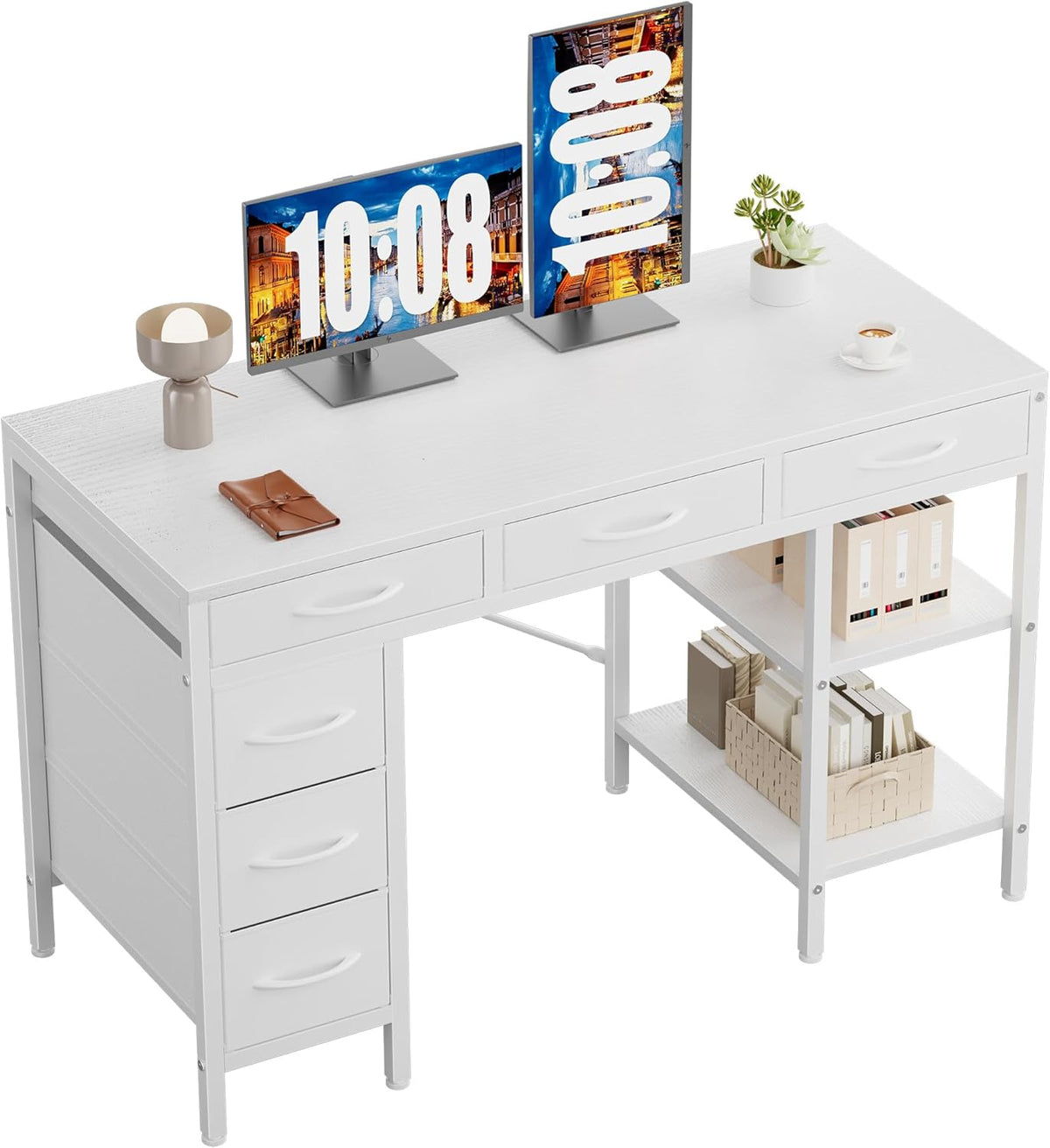 Sweetcrispy 47" Computer Desk with 6 Drawers, Home Office Gaming Desks with Storage Shelves for Bedroom, Writing Study Corner Living Room Work Table White