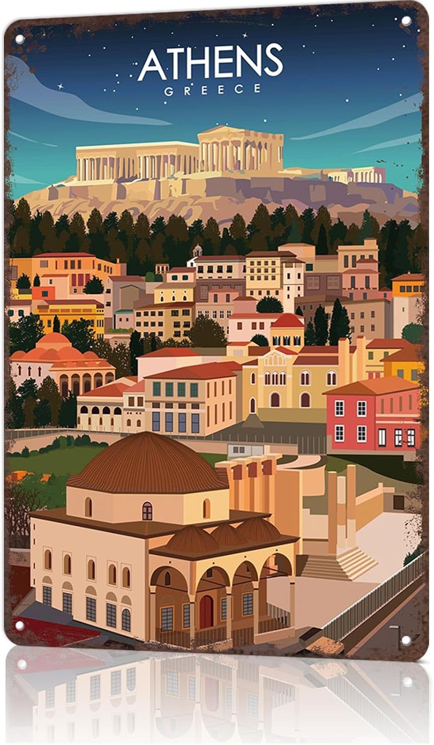 Vintage Metal Tin Sign Athens Greece Travel Art Poster-Wall Art Decor for Home Room Office Dorm Decor 8X12inch