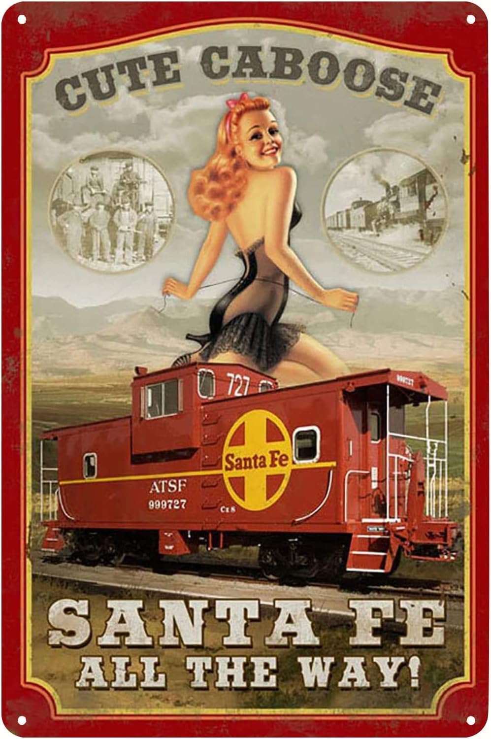 Pinup Girl Railroad Train Poster Metal Tin Sign Vintage Wall Art Plaque Decor for Home Bar Cafe Club Garage 8x12 Inch