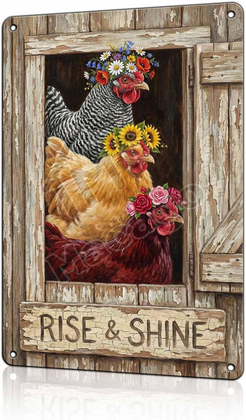 Rise and Shine Chicken Metal Tin Sign - Rustic Farmhouse Kitchen Wall Decor - Cute Rooster & Hen Art Poster for Coffee Bar or Breakfast Nook 8x12 inch