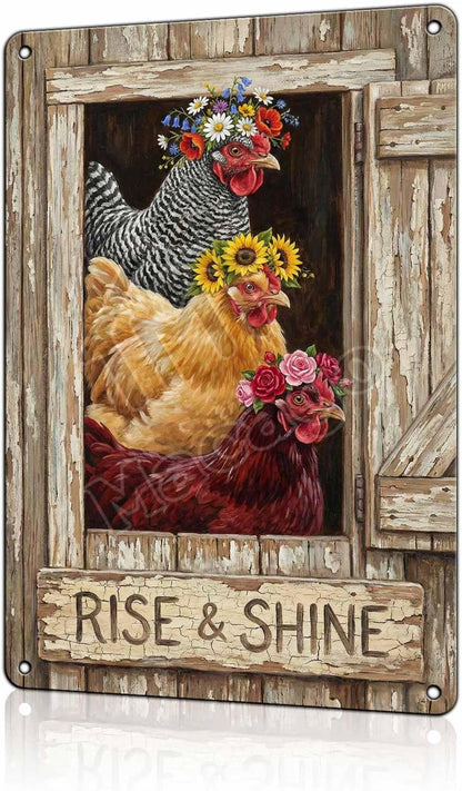 Rise and Shine Chicken Metal Tin Sign - Rustic Farmhouse Kitchen Wall Decor - Cute Rooster & Hen Art Poster for Coffee Bar or Breakfast Nook 8x12 inch