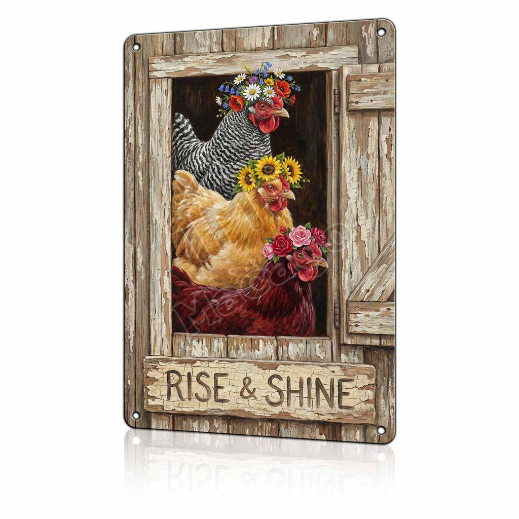 Rise and Shine Chicken Metal Tin Sign - Rustic Farmhouse Kitchen Wall Decor - Cute Rooster & Hen Art Poster for Coffee Bar or Breakfast Nook 8x12 inch
