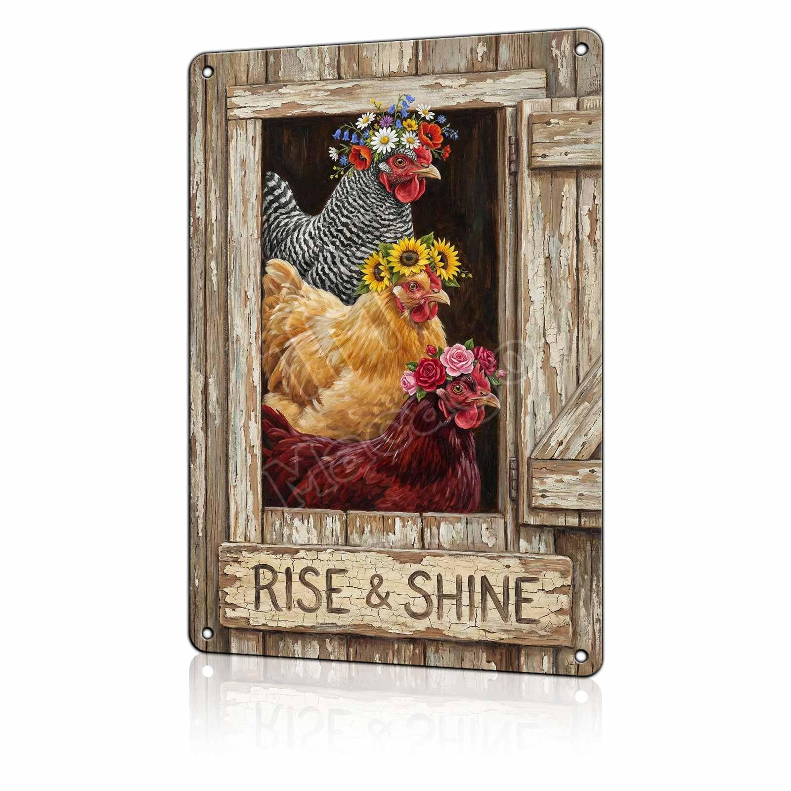 Rise and Shine Chicken Metal Tin Sign - Rustic Farmhouse Kitchen Wall Decor - Cute Rooster & Hen Art Poster for Coffee Bar or Breakfast Nook 8x12 inch