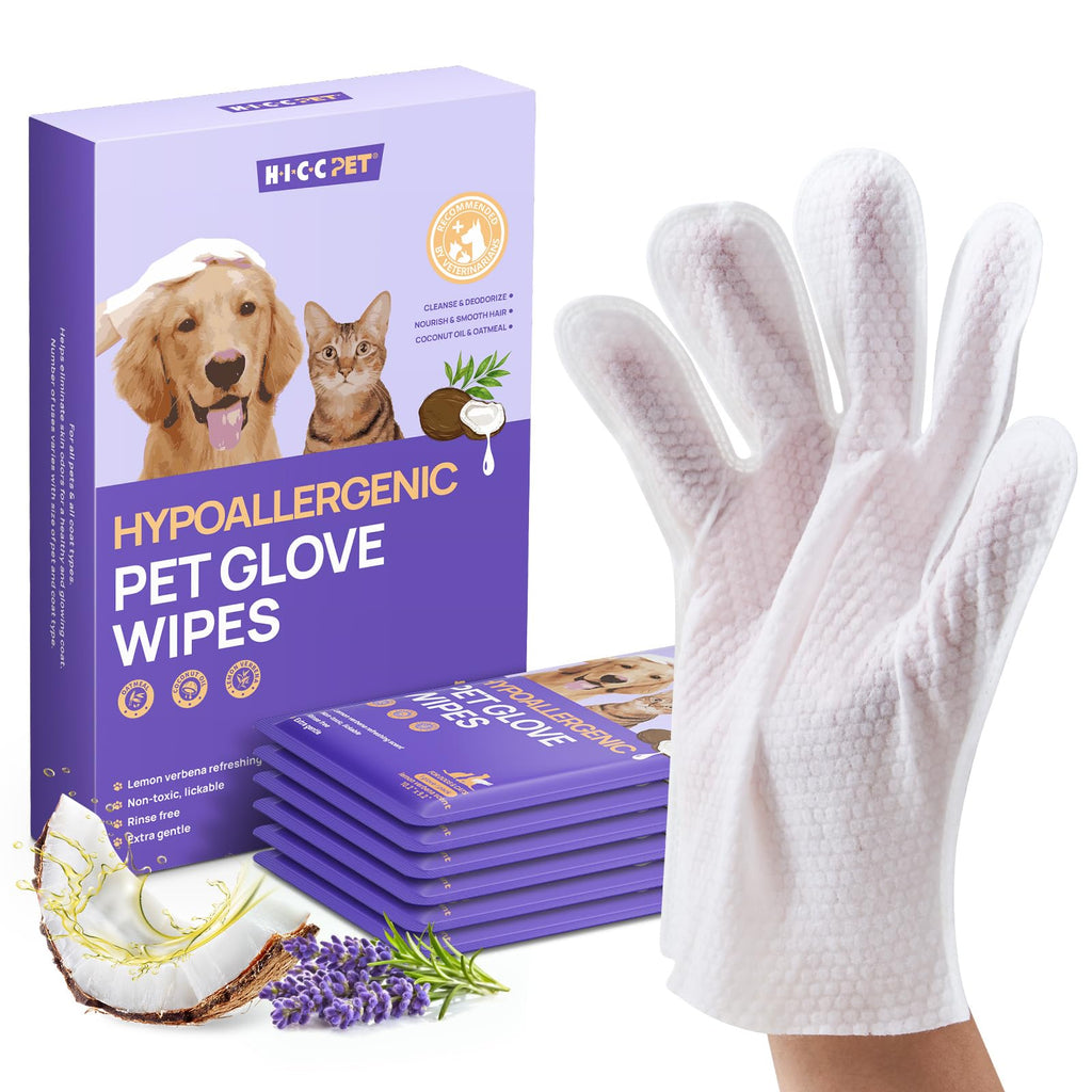 HICC PET Dog Wipes Cleaning Deodorizing Glove Wipes for Dogs, Cats & Horses, Vet Recommended Hypoallergenic Hydrating & Nourishing Pet Wipes for Eyes, Ears, Butt & Paws, No-Rinse, 6pcs Coconut Scent