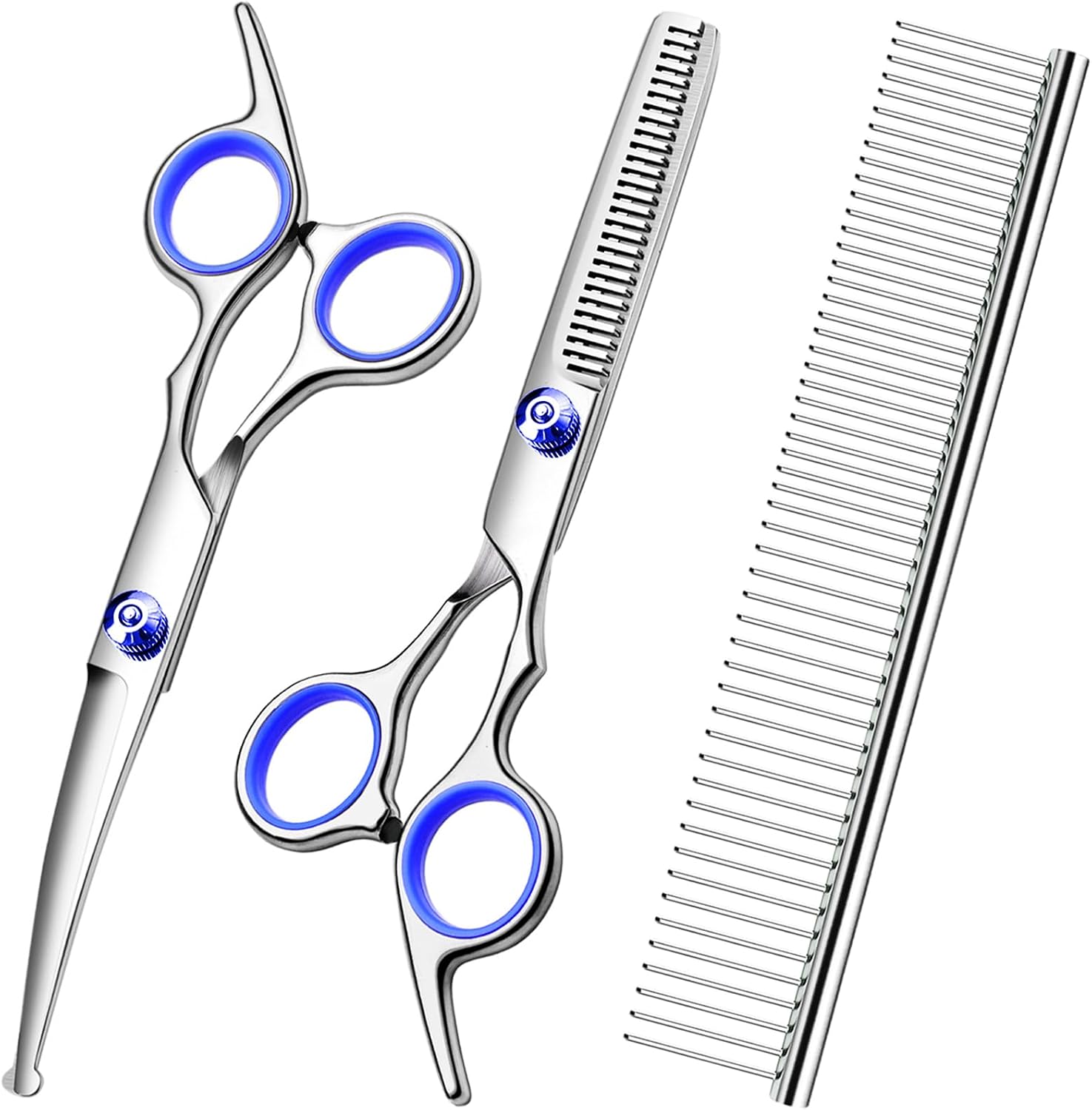 FAIGEO Dog Grooming Scissors Kit, Premium Stainless Steel Dog Shears with Curved Shears, Sharp Durable for Dogs Cats+Blue 3 Piece