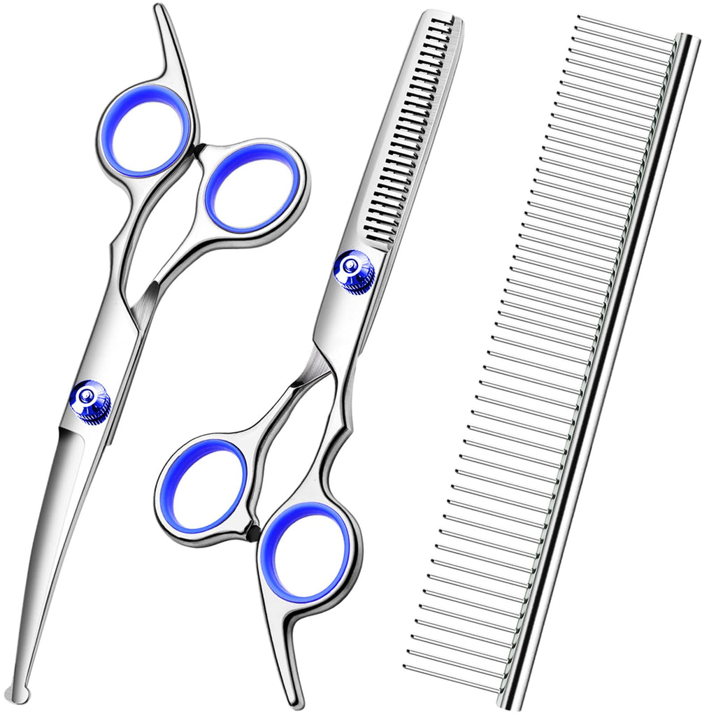 FAIGEO Dog Grooming Scissors Kit, Premium Stainless Steel Dog Shears with Curved Shears, Sharp Durable for Dogs Cats+Blue 3 Piece