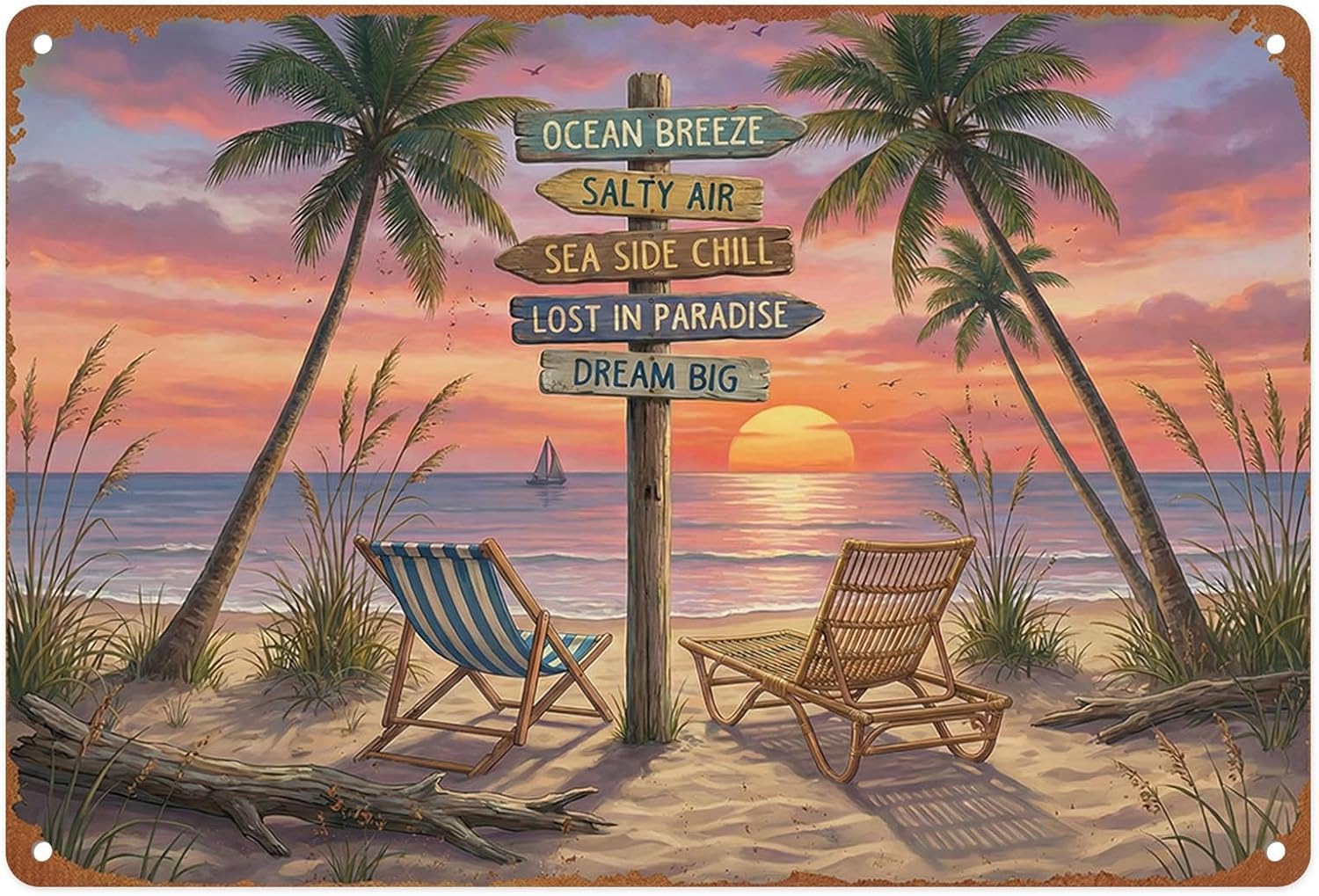 Coastal Beach Tropical Metal Tin Sign Wall Decor, Ocean Sun 8x12 Inch Wall Art for Lake House Coastal Beachy Room Cottage Cabin
