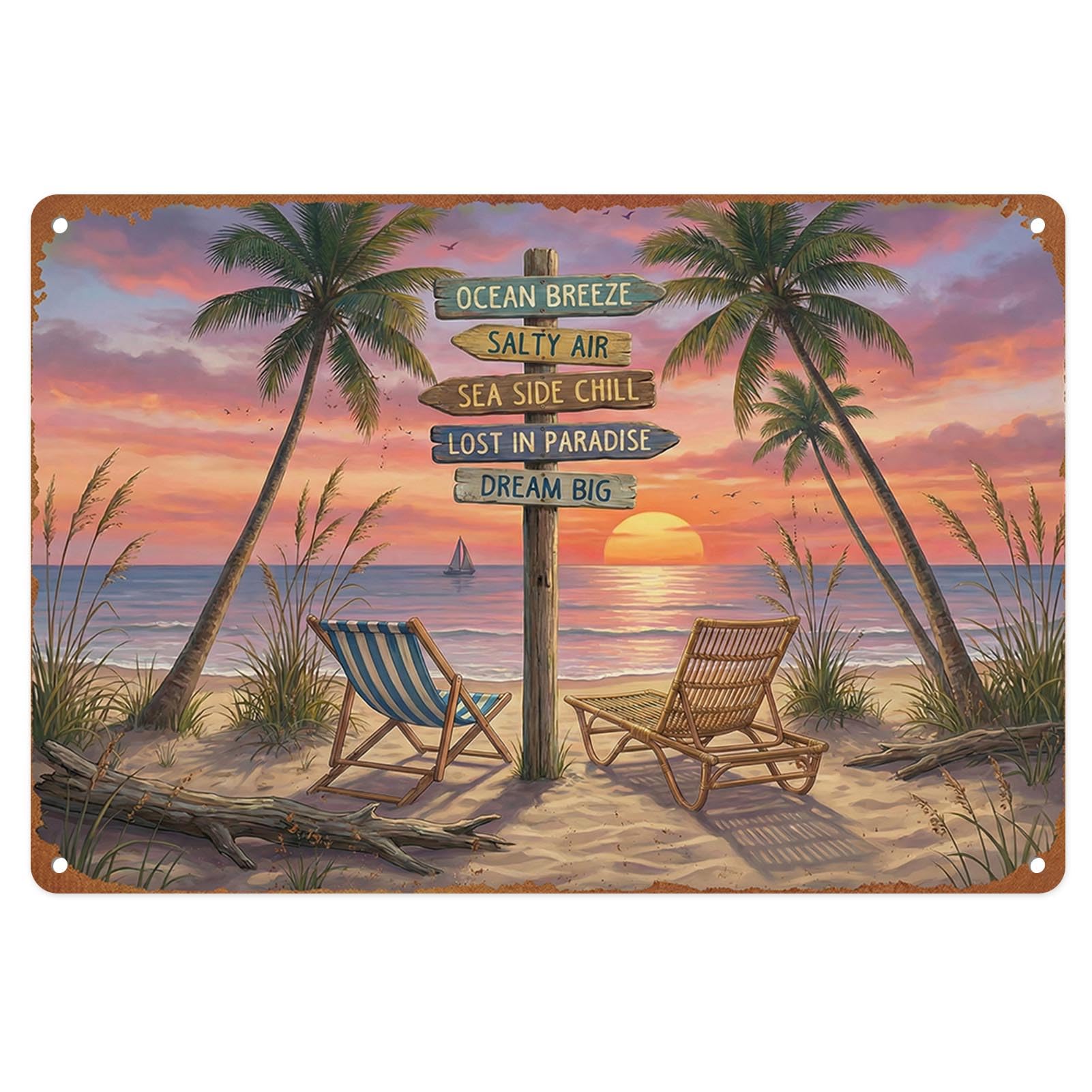 Coastal Beach Tropical Metal Tin Sign Wall Decor, Ocean Sun 8x12 Inch Wall Art for Lake House Coastal Beachy Room Cottage Cabin