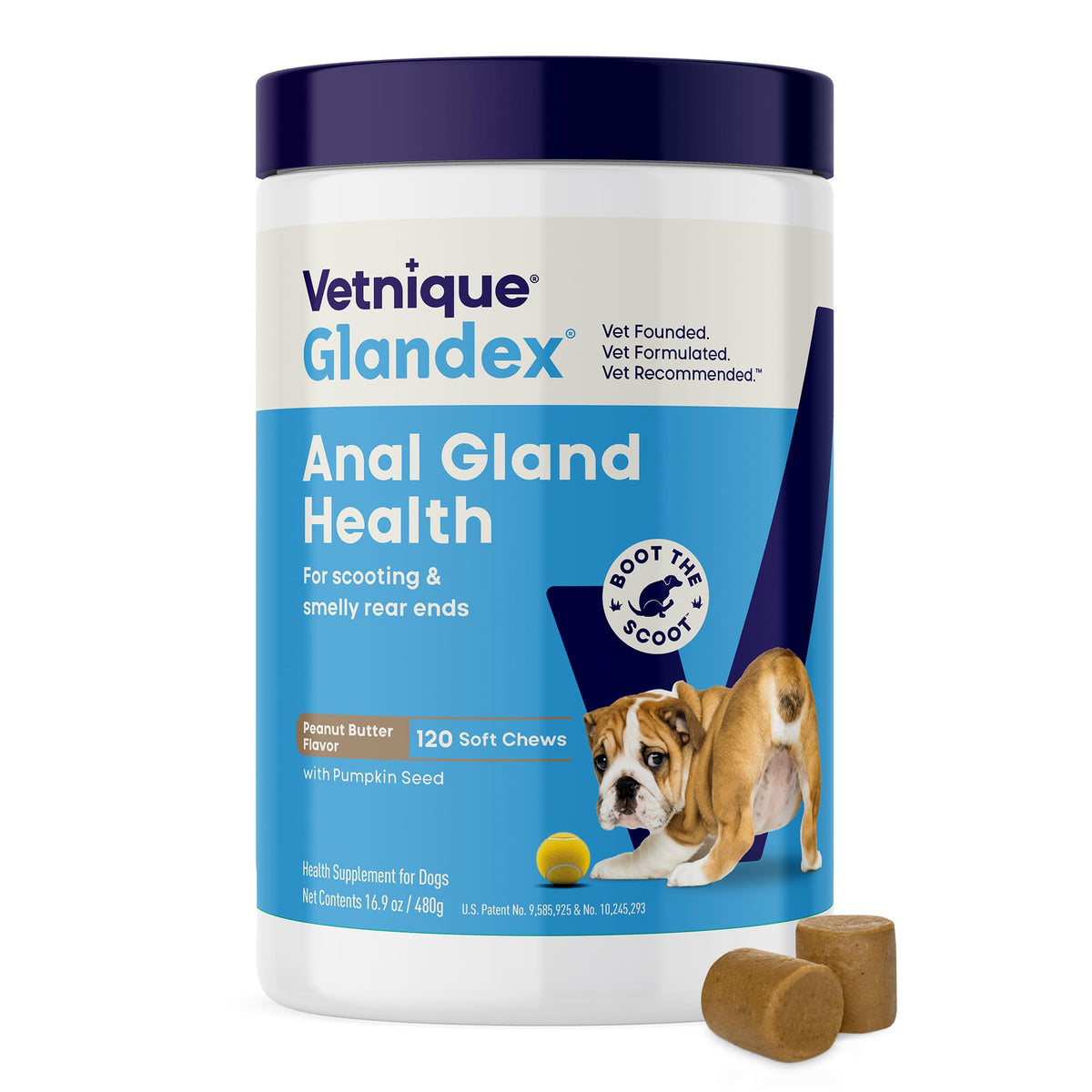 Vetnique Glandex Anal Gland Soft Chew Treats with Pumpkin for Dogs Digestive Enzymes, Probiotics Fiber Supplement for Dogs Boot The Scoot (Advanced Strength Duck/Bacon, 60 Ct)