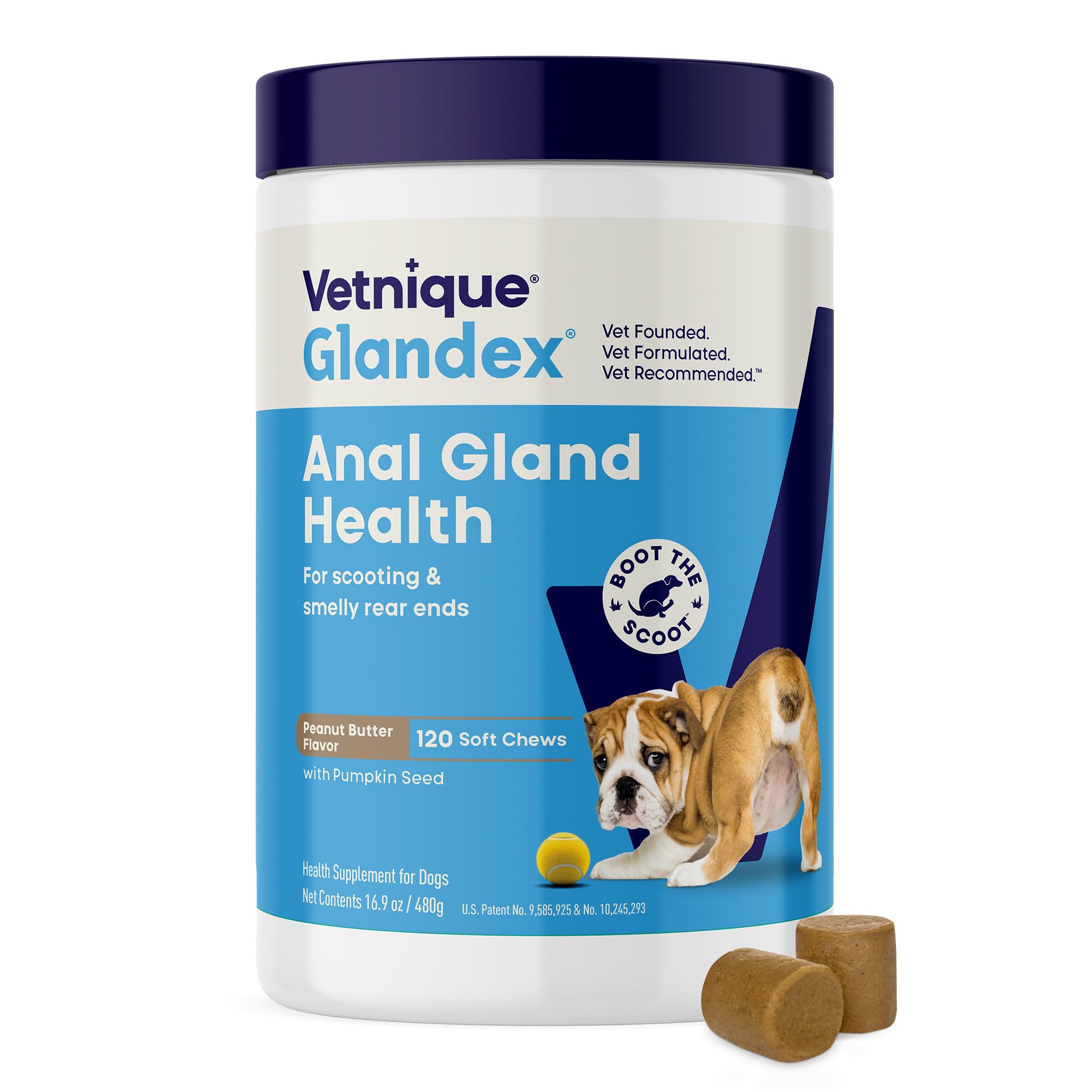 Vetnique Glandex Anal Gland Soft Chew Treats with Pumpkin for Dogs Digestive Enzymes, Probiotics Fiber Supplement for Dogs Boot The Scoot (Advanced Strength Duck/Bacon, 60 Ct)