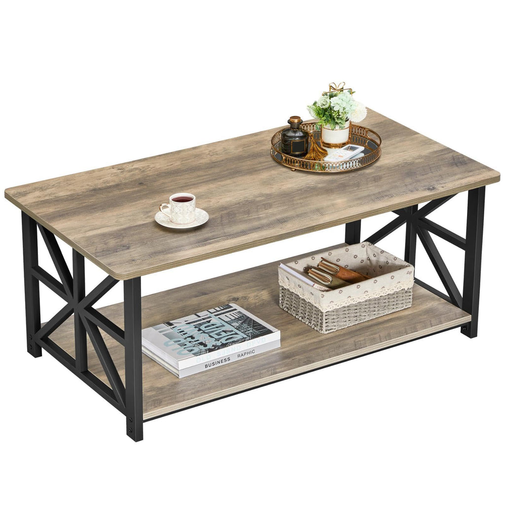 GreenForest Coffee Table for Living Room with Round Corners Farmhouse Style Center Table with Storage Shelf 39 Inch Space Saving Easy Assembly Gray Wash | for Living Room