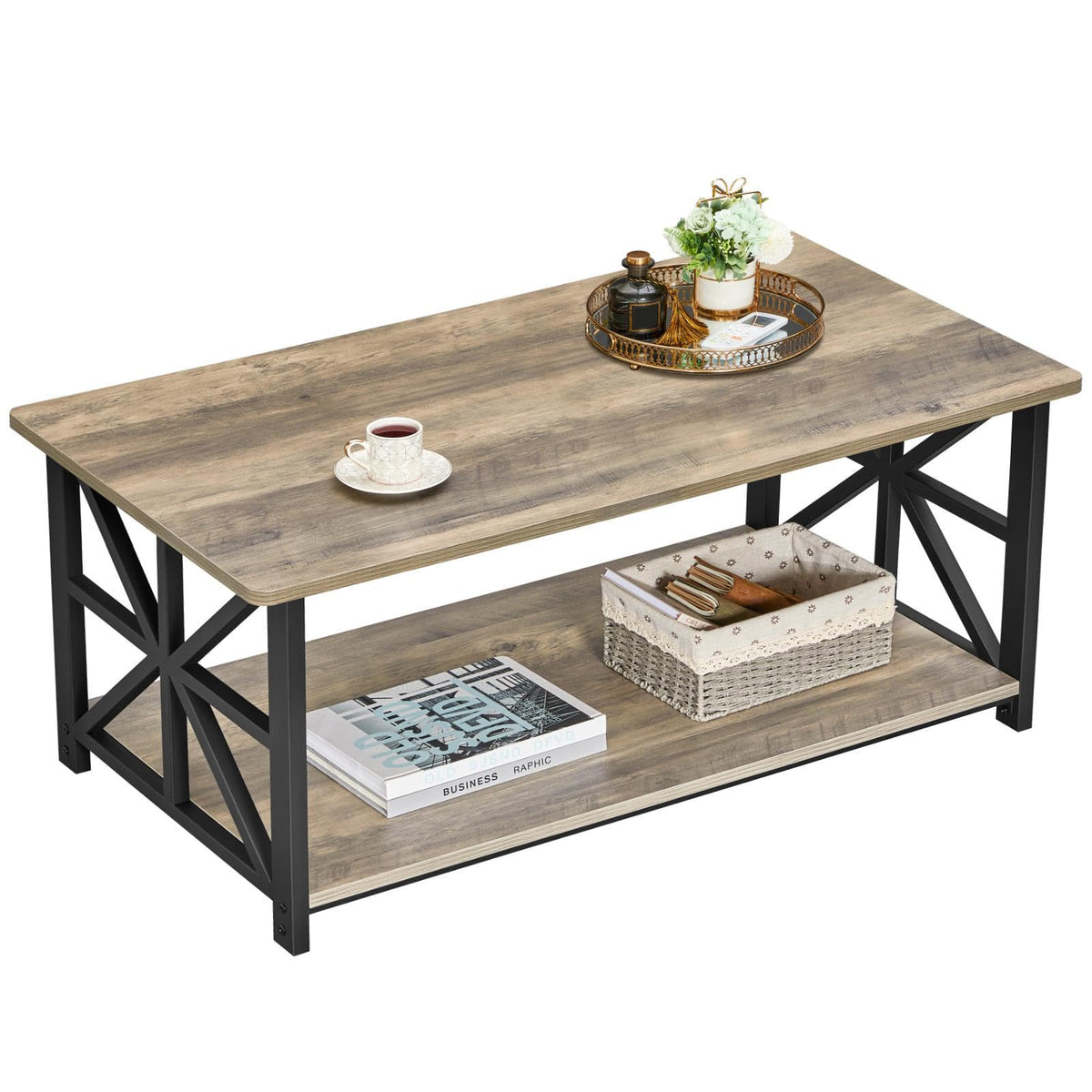 GreenForest Coffee Table for Living Room with Round Corners Farmhouse Style Center Table with Storage Shelf 39 Inch Space Saving Easy Assembly Gray Wash | for Living Room