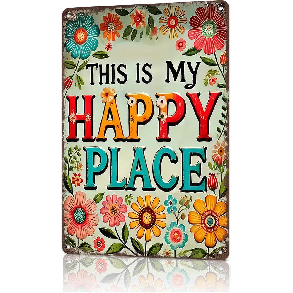 Funny Welcome To My Happy Place Metal Tin Sign, Vintage Rustic Wall Art Decor for Home Bedroom Porch Garden Farmhouse Decoration, 8 x 12 Inch