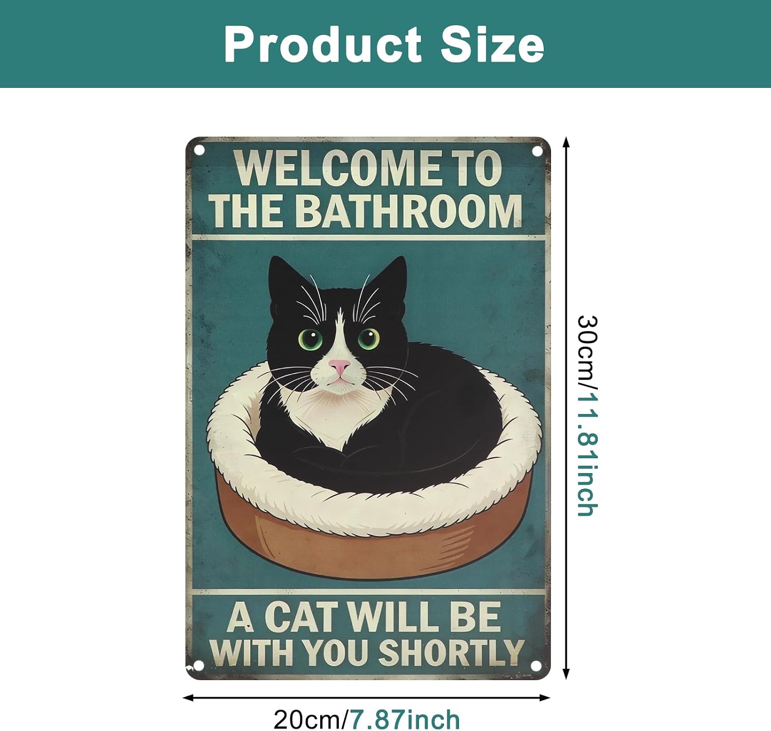 8 x 12 in Funny Cat Bathroom Sign, Vintage Aluminum Metal Tin Sign Style Wall Art Featuring "Welcome to the Bathroom, A Cat Will Be with You Shortly", Wall Decor for Bathroom and Laundry Room