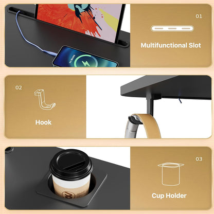 Mobile Standing Desk, Rolling Laptop Cart Adjustable Height with Cup Holder, 28 inch Portable Table with 4 Lockable Wheels, Black Computer Workstation with Hook and Slots for Home Office