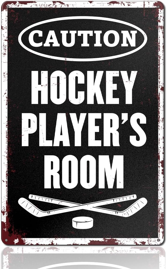 Hockey Gifts for Boys 8-12 Hocky Metal Sign Room Decor Vintage "Caution Hockey Player's Room" Tin Sign for Boys Room and Bedroom Man Cave Wall Art Sports Decor 8x12 Inch