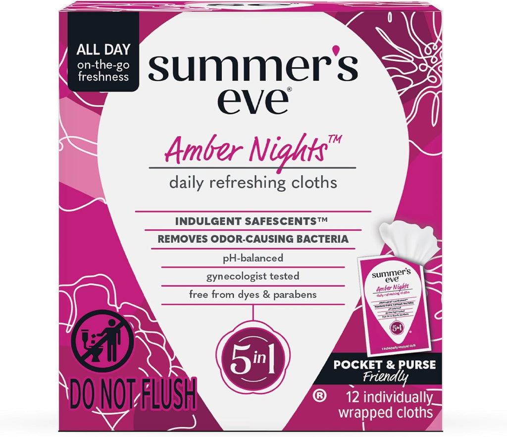 Summer's Eve Amber Nights Feminine Wipes, with Gentle pH-Balanced Formula Designed to Remove Odor, Individually Wrapped Wipes, 12 Count