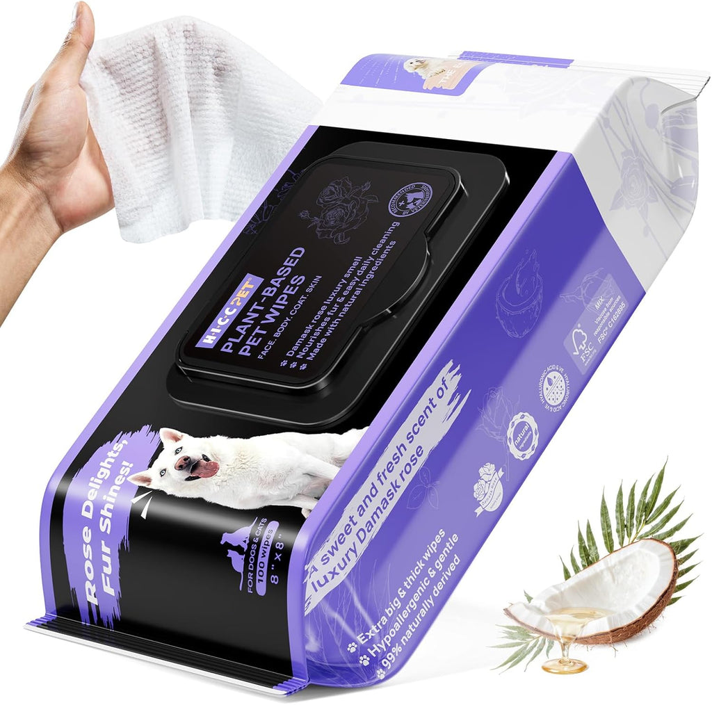 HICC PET Wipes for Dogs and Cats, Vet-Recommended Hypoallergenic Dog Wipes for Paws, Butt and Fur, Dog Cleaning Wipes & Dog Bath Wipes, Deodorizing Grooming Wipes for Dogs, Cats, Horse, 100 Count | Pet Wipes for Paws & Butt, Dog Bath Wipes, Deodorizing Cl