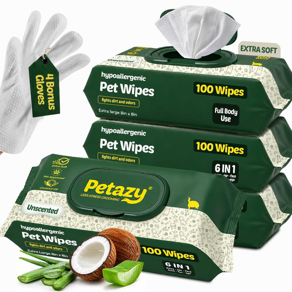 Petazy Pet Wipes for Dogs and Cats – 400 Count (8x8in) Hypoallergenic, Deodorizing Dog Wipes for Paws, Ears and Butt | XL with Aloe & Coconut Oil, Lavender Scented | Includes 4 Grooming Glove Wipes